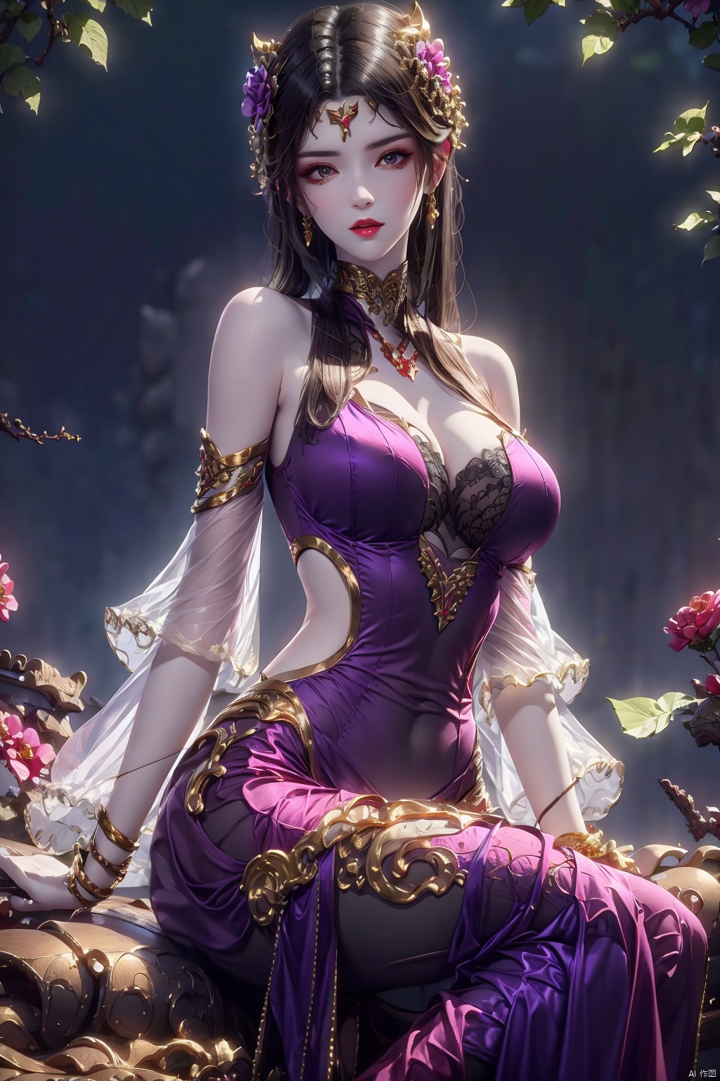 1girl,solo,long hair,breasts,looking at viewer,large breasts,brown hair,black hair,hair ornament,dress,cleavage,bare shoulders,jewelry,sitting,flower,hair flower,bracelet,clothing cutout,purple dress,, meidusha