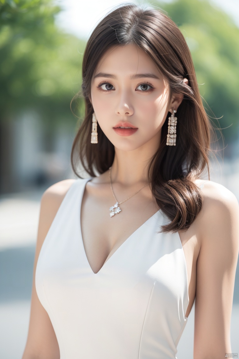  1 girl, solo, long hair, breasts, looking at viewer, brown hair, dress, cleavage, bare shoulders, jewelry, medium breasts, upper body, earrings, outdoors, parted lips, sleeveless, white dress, blurry, lips, sleeveless dress, blurry background, realistic, 1girl