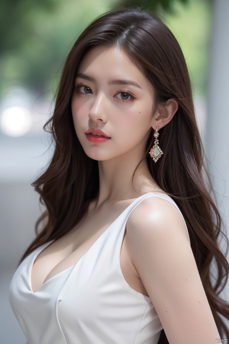  1girl, solo, long hair, breasts, looking at viewer, brown hair, dress, cleavage, bare shoulders, jewelry, medium breasts, upper body, earrings, outdoors, parted lips, sleeveless, white dress, blurry, lips, sleeveless dress, blurry background, realistic