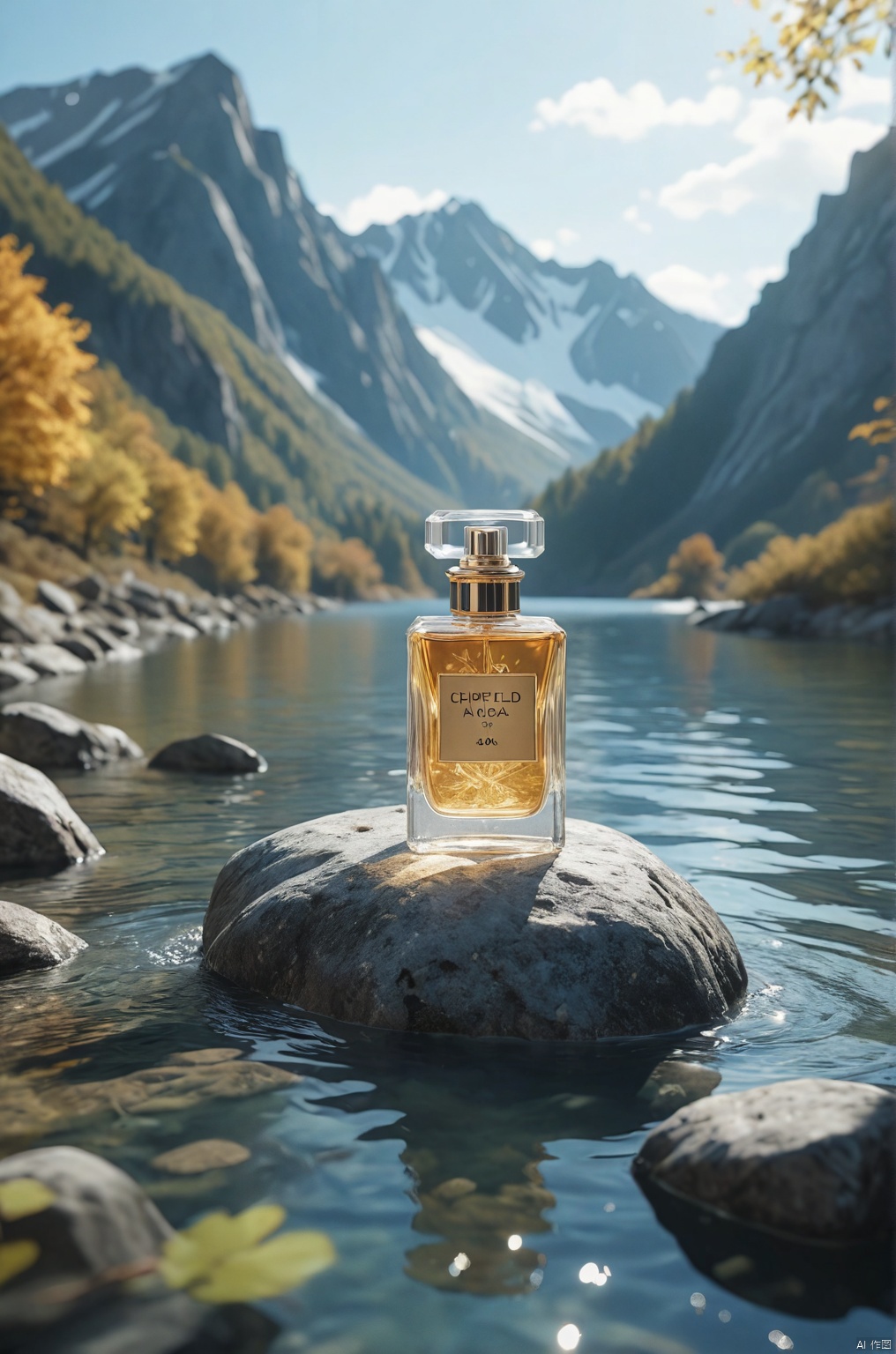 Mountain,a perfume on the rock,water,white mountain,sunshine,(8K ultra high definition quality, movie texture, ultra high definition resolution, real color, CG picture),(real texture, rich details, delicate skin),