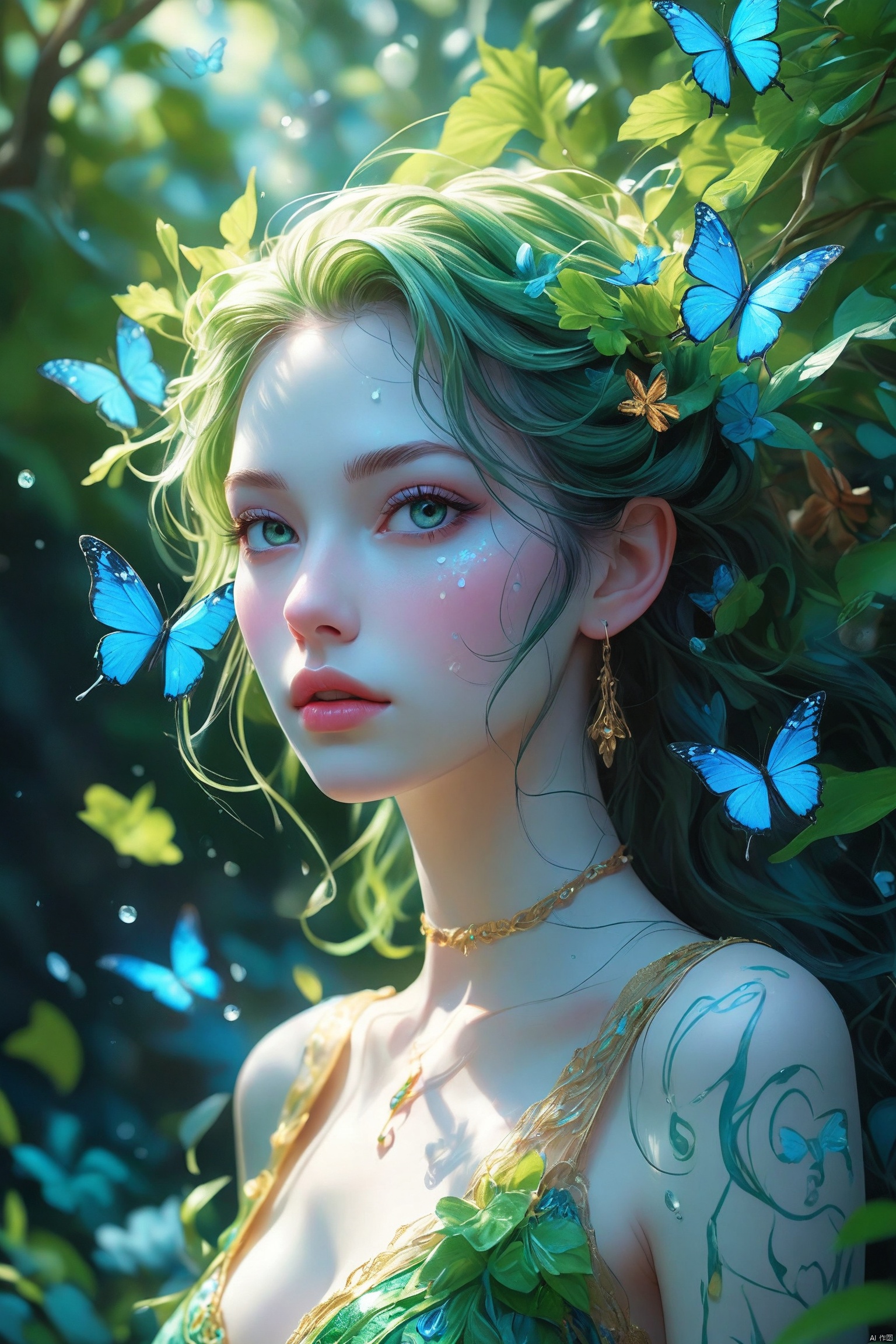  portrait of a beautiful 21yo hubggirl, seductive, shadow,long swirling green hair, lavish green leaves, falling blue flowers, celestial lighting, butterflies, tree branches, sky, golden glowing, water drops,best quality, masterpiece, high res, absurd res,perfect lighting, vibrant colors, intricate details,high detailed skin, pale skin,
