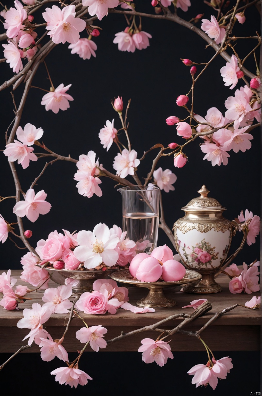 ribbon, flower, petals, no humans, rose, white flower, black background, cherry blossoms, pink flower, branch, pink rose, still life