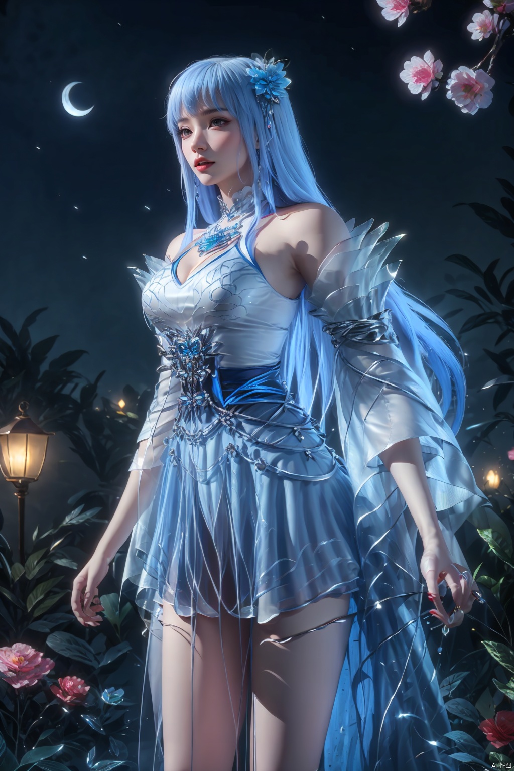 1girl,solo,long hair,breasts,looking at viewer,bangs,blue eyes,hair ornament,dress,cleavage,bare shoulders,jewelry,medium breasts,blue hair,flower,earrings,detached sleeves,hair flower,necklace,see-through,strapless,night,strapless dress,pink flower,red lips,