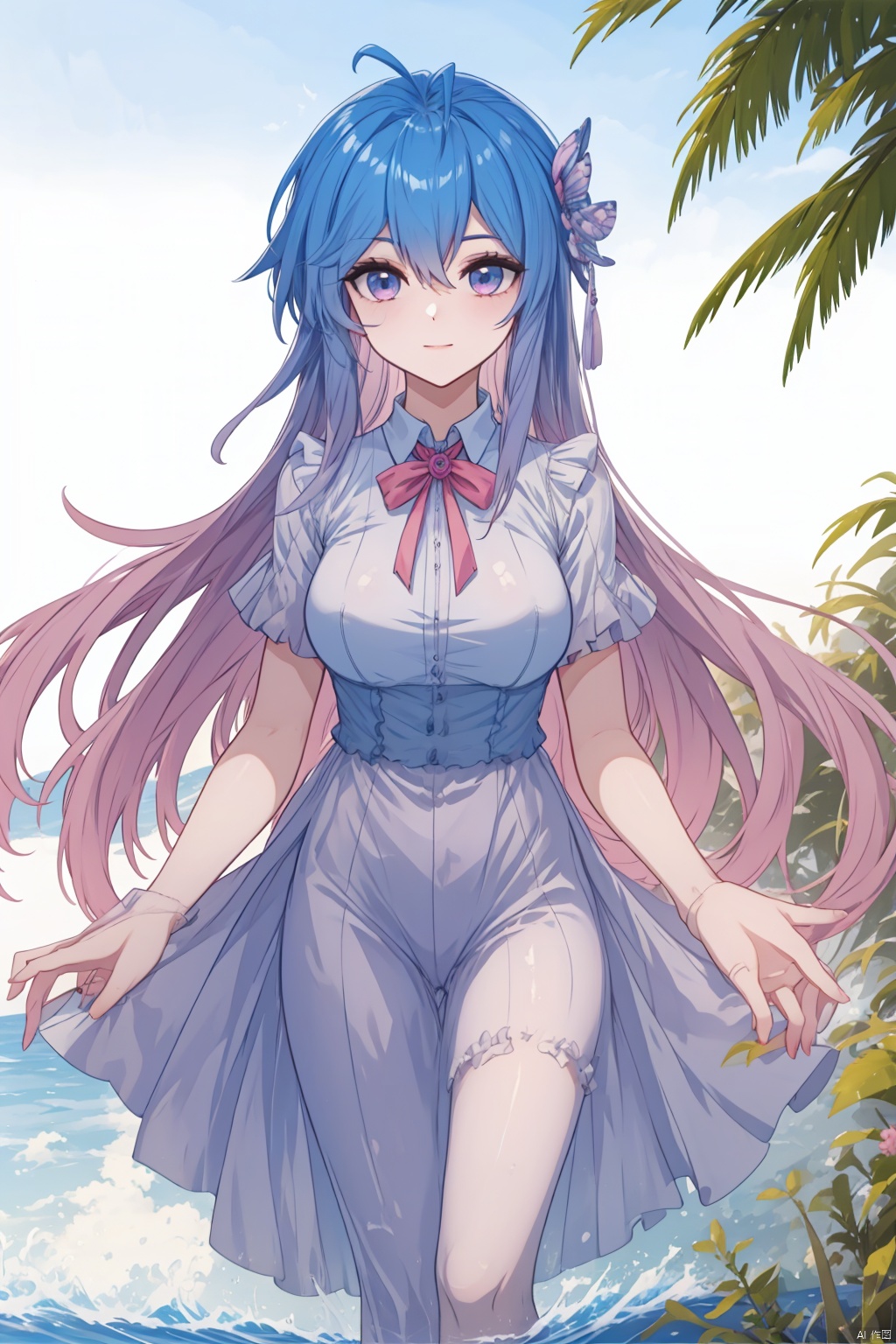 1girl, solo, long hair, looking at viewer, smile, bangs, blue eyes, hair ornament, thighhighs, dress, closed mouth, full body, pink hair, high heels, white thighhighs, petals, blue dress, Lie on the bed with your legs open,Full body shot.,medium breasts,spread legs,The whole body,

Lie back,Sleep on the bed,
Breasts and nipples exposed,Vagina exposed, ,full-length photograph,dynamic pose, dynamic angle,