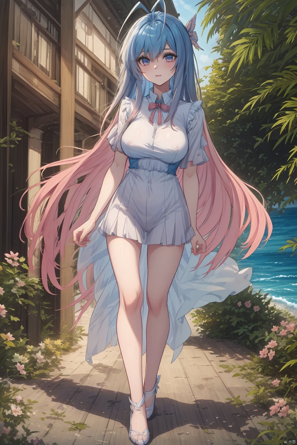 1girl, solo, long hair, looking at viewer, smile, bangs, blue eyes, hair ornament, thighhighs, dress, closed mouth, full body, pink hair, high heels, white thighhighs, petals, blue dress, Lie on the bed with your legs open,Full body shot.,medium breasts,spread legs,The whole body,

Lie back,Sleep on the bed,
Breasts and nipples exposed,Vagina exposed, ,full-length photograph,dynamic pose, dynamic angle,