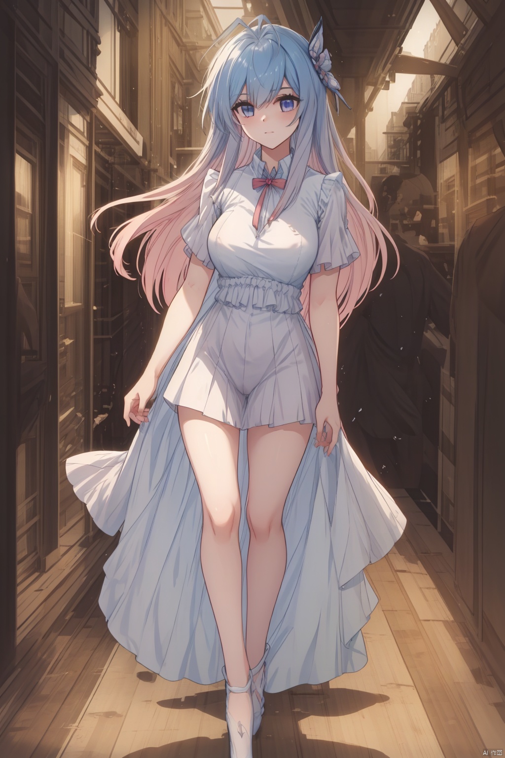 1girl, solo, long hair, looking at viewer, smile, bangs, blue eyes, hair ornament, thighhighs, dress, closed mouth, full body, pink hair, high heels, white thighhighs, petals, blue dress, Lie on the bed with your legs open,Full body shot.,medium breasts,spread legs,The whole body,

Lie back,Sleep on the bed,
Breasts and nipples exposed,Vagina exposed, ,full-length photograph,dynamic pose, dynamic angle,