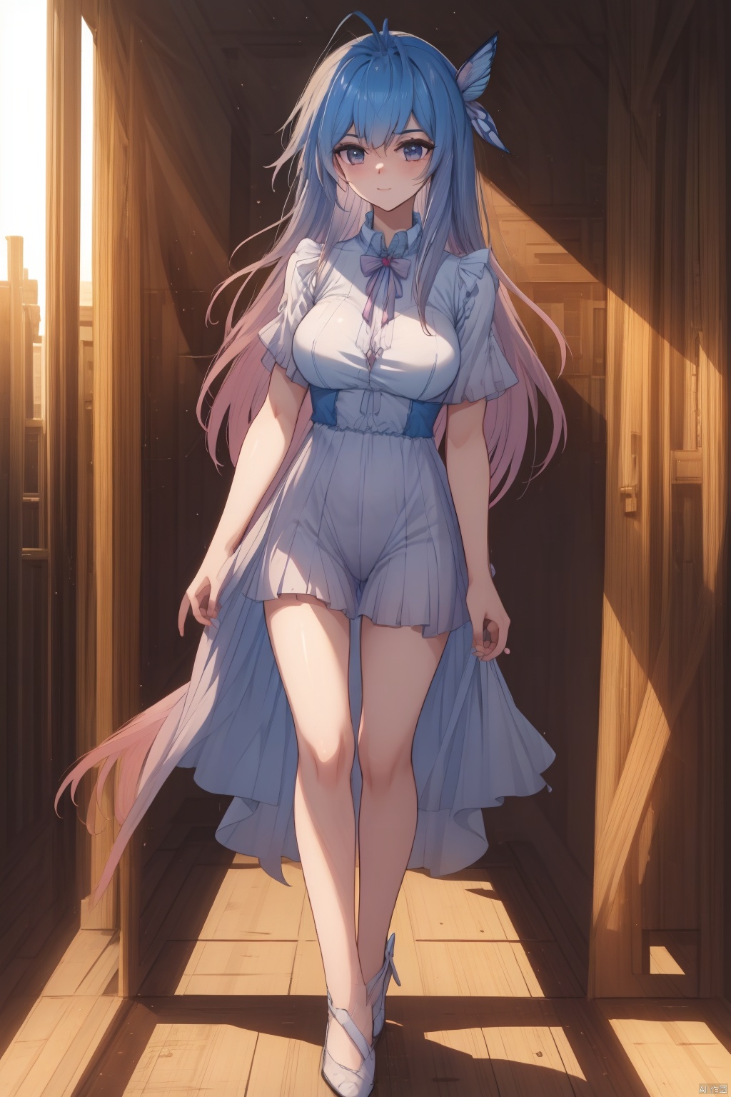 1girl, solo, long hair, looking at viewer, smile, bangs, blue eyes, hair ornament, thighhighs, dress, closed mouth, full body, pink hair, high heels, white thighhighs, petals, blue dress, Lie on the bed with your legs open,Full body shot.,medium breasts,spread legs,The whole body,

Lie back,Sleep on the bed,
Breasts and nipples exposed,Vagina exposed, ,full-length photograph,dynamic pose, dynamic angle,
