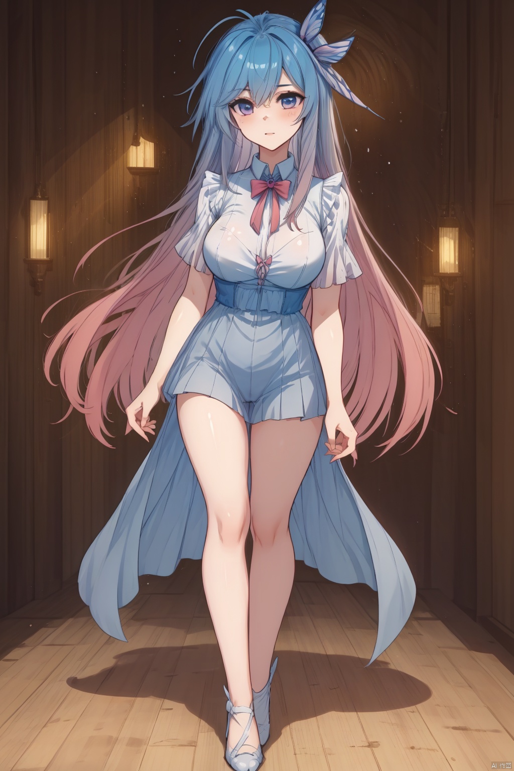 1girl, solo, long hair, looking at viewer, smile, bangs, blue eyes, hair ornament, thighhighs, dress, closed mouth, full body, pink hair, high heels, white thighhighs, petals, blue dress, Lie on the bed with your legs open,Full body shot.,medium breasts,spread legs,The whole body,

Lie back,Sleep on the bed,
Breasts and nipples exposed,Vagina exposed, ,full-length photograph,dynamic pose, dynamic angle,