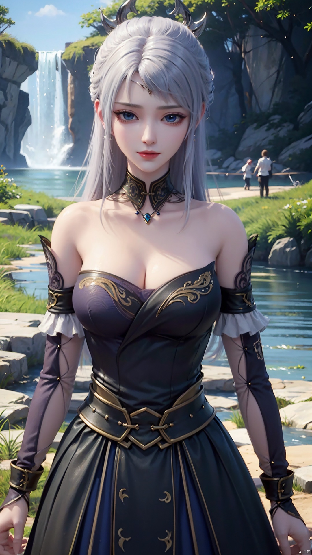1girl, solo, blue eyes, white hair, black dress, jewelry, bare shoulders, detached sleeves, long hair, earrings, strapless dress, mischevious smile, perfect body, scenery, sharp focus, best quality, masterpiece, detailed outfit, illustration, perfect eyes, finely detailed beautiful anime eyes, realistic skin, intricate details, best lighting, depth of field, ultra high resolution,cowboy_shot, dynamic pose, dynamic angle,