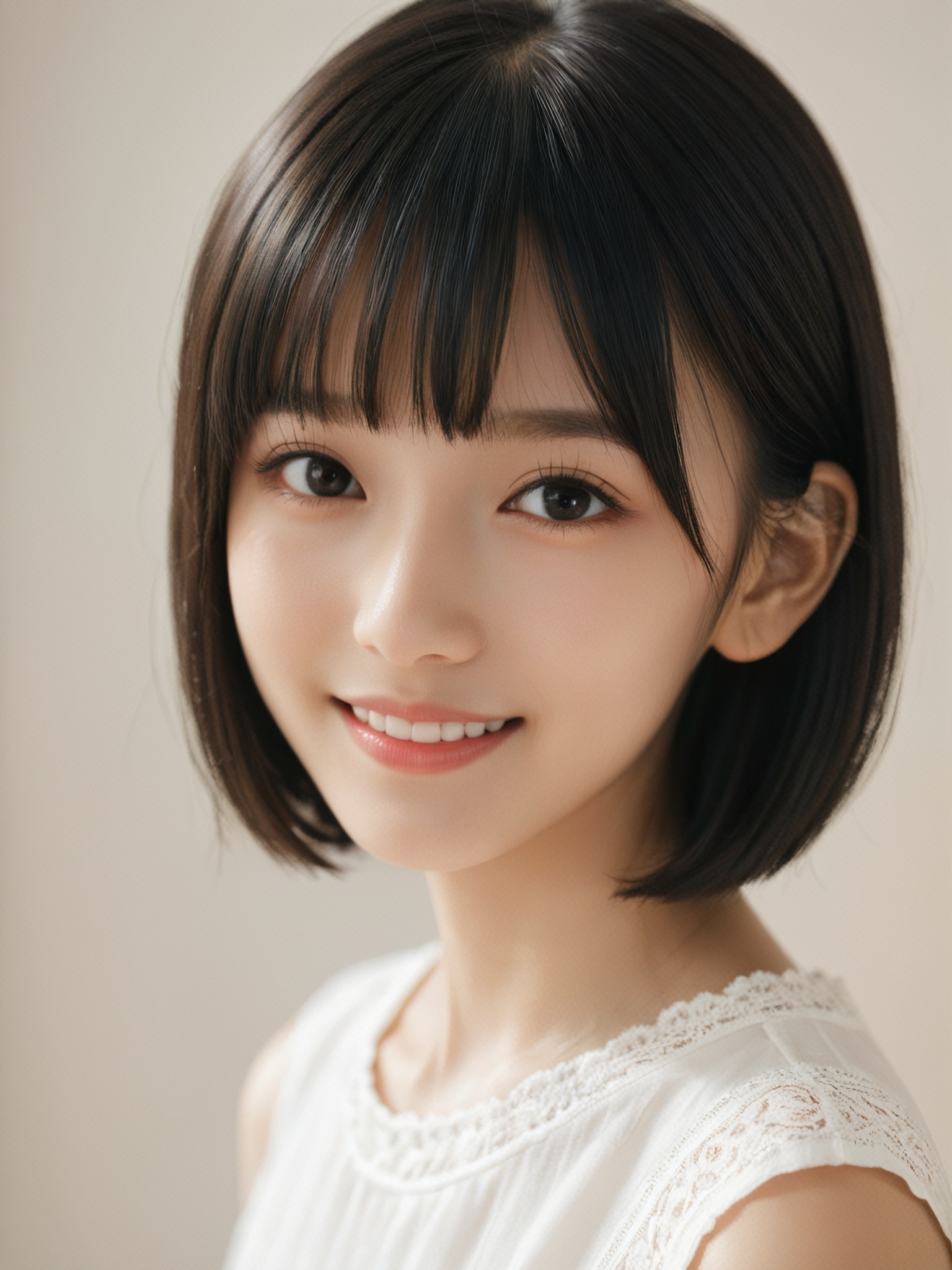 A photorealistic digital portrait of a young girl with short,  straight black hair,  bangs on Tensor.Art