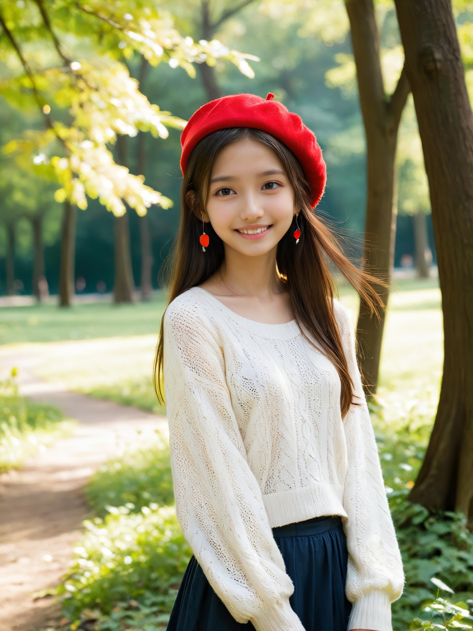 Imagine a young girl,  aged between 14 and 17,  with long flowing hair cascading down her back. She has a bright and infec...