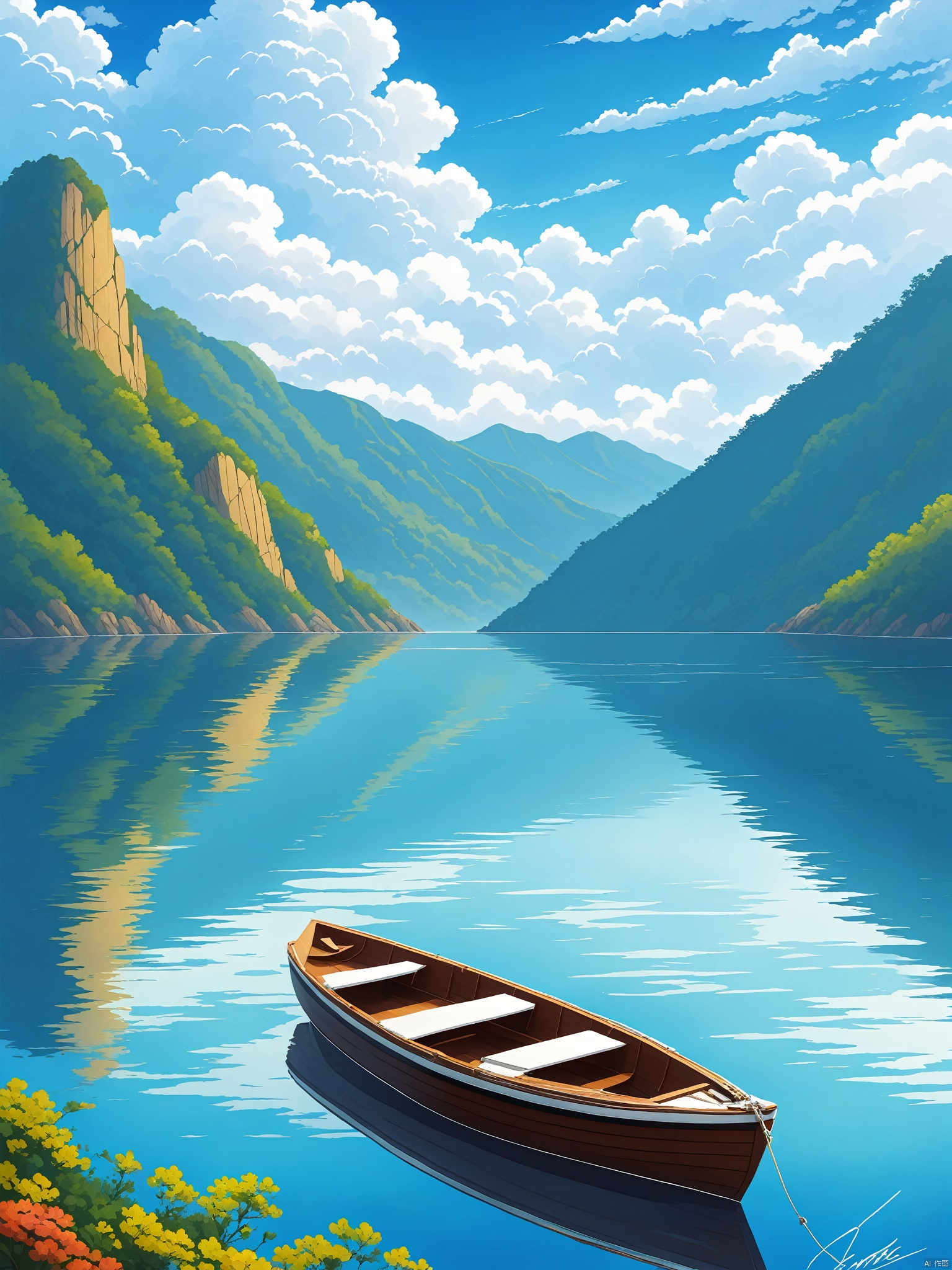 outdoors, sky, day, cloud, signature, water, blue sky, no humans, ocean, cloudy sky, scenery, reflection, mountain, watercraft, boat