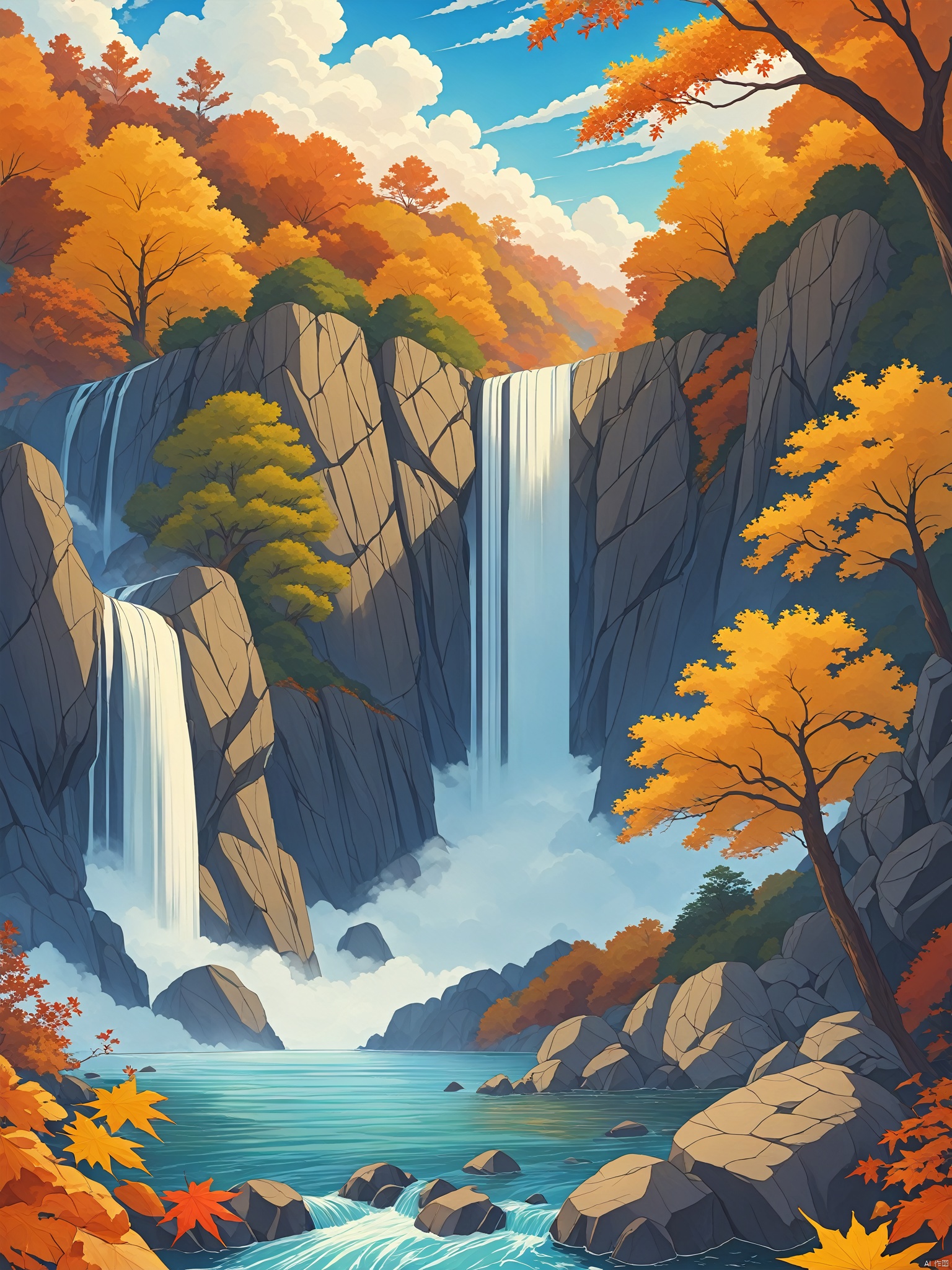 outdoors, sky, day, cloud, water, tree, blue sky, no humans, scenery, rock, autumn leaves, river, autumn, waterfall