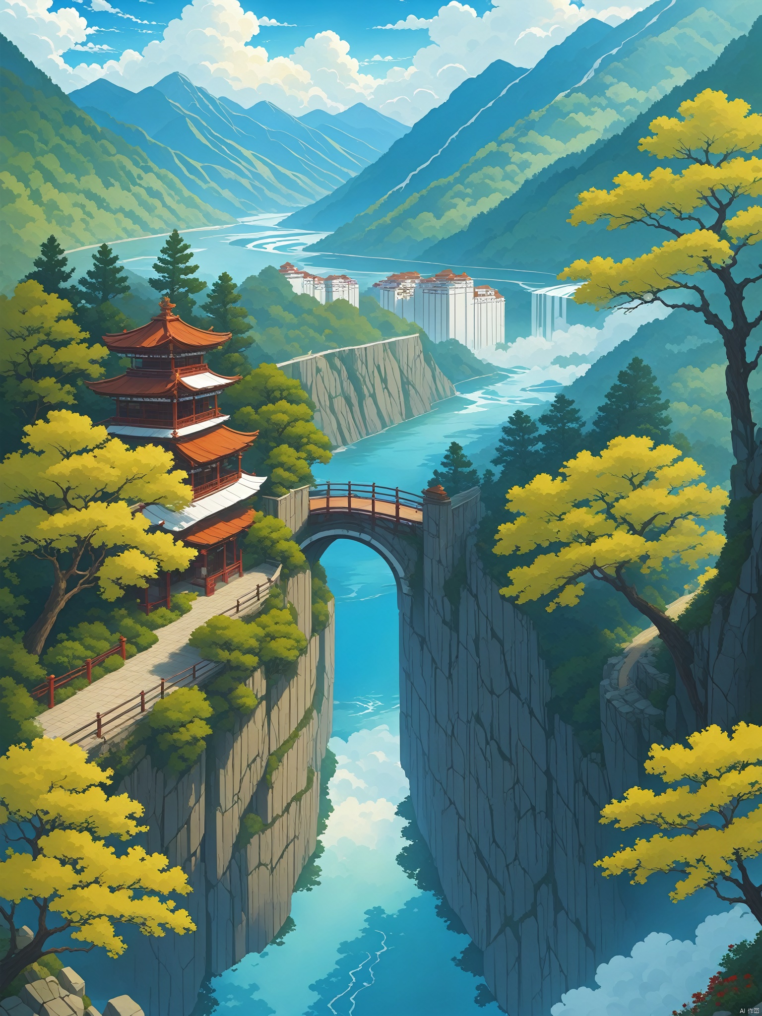outdoors, sky, day, cloud, water, tree, blue sky, no humans, building, scenery, mountain, road, bridge, river, landscape