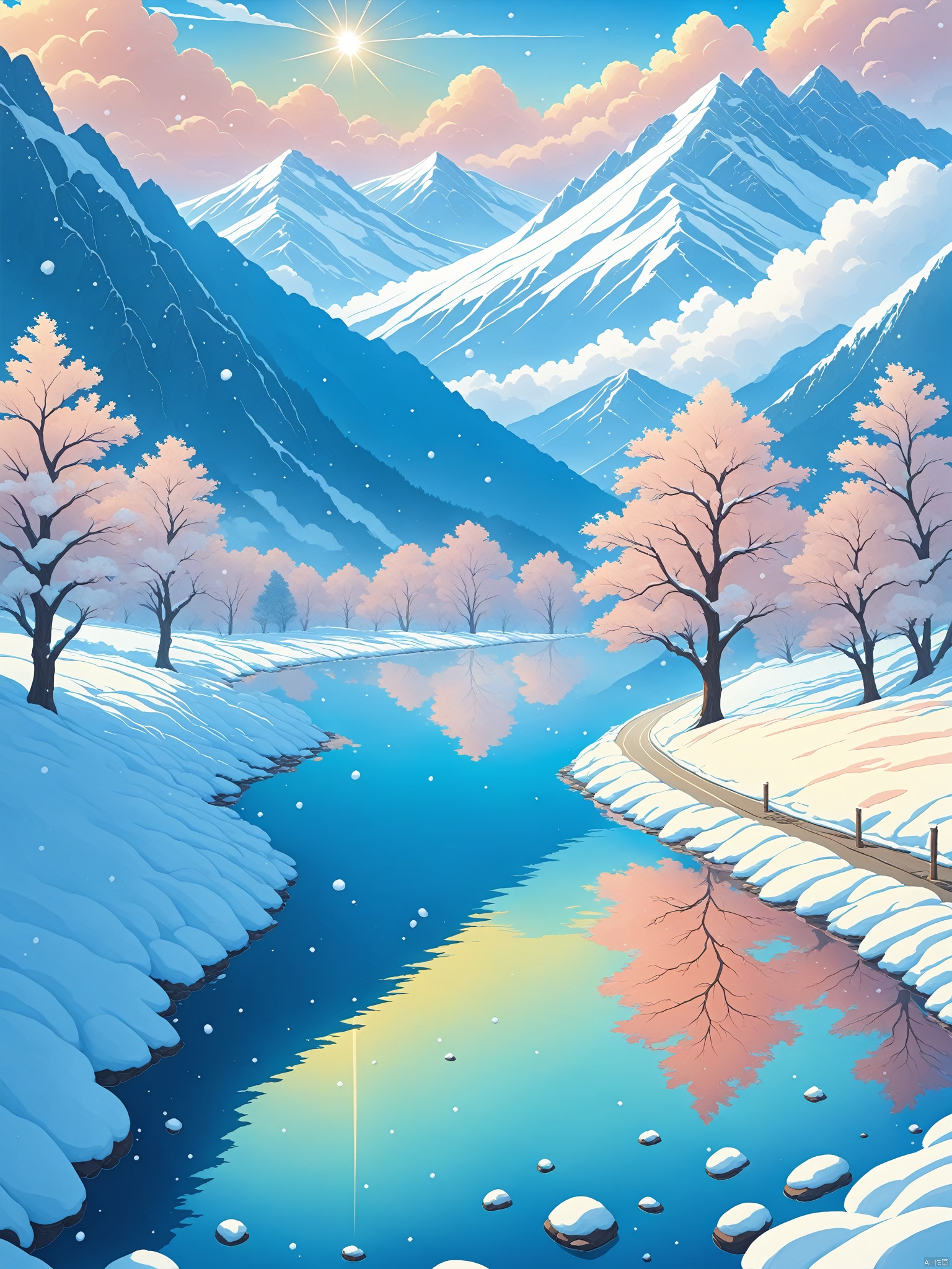 outdoors, sky, day, cloud, tree, blue sky, no humans, scenery, snow, reflection, mountain, sun, road, landscape