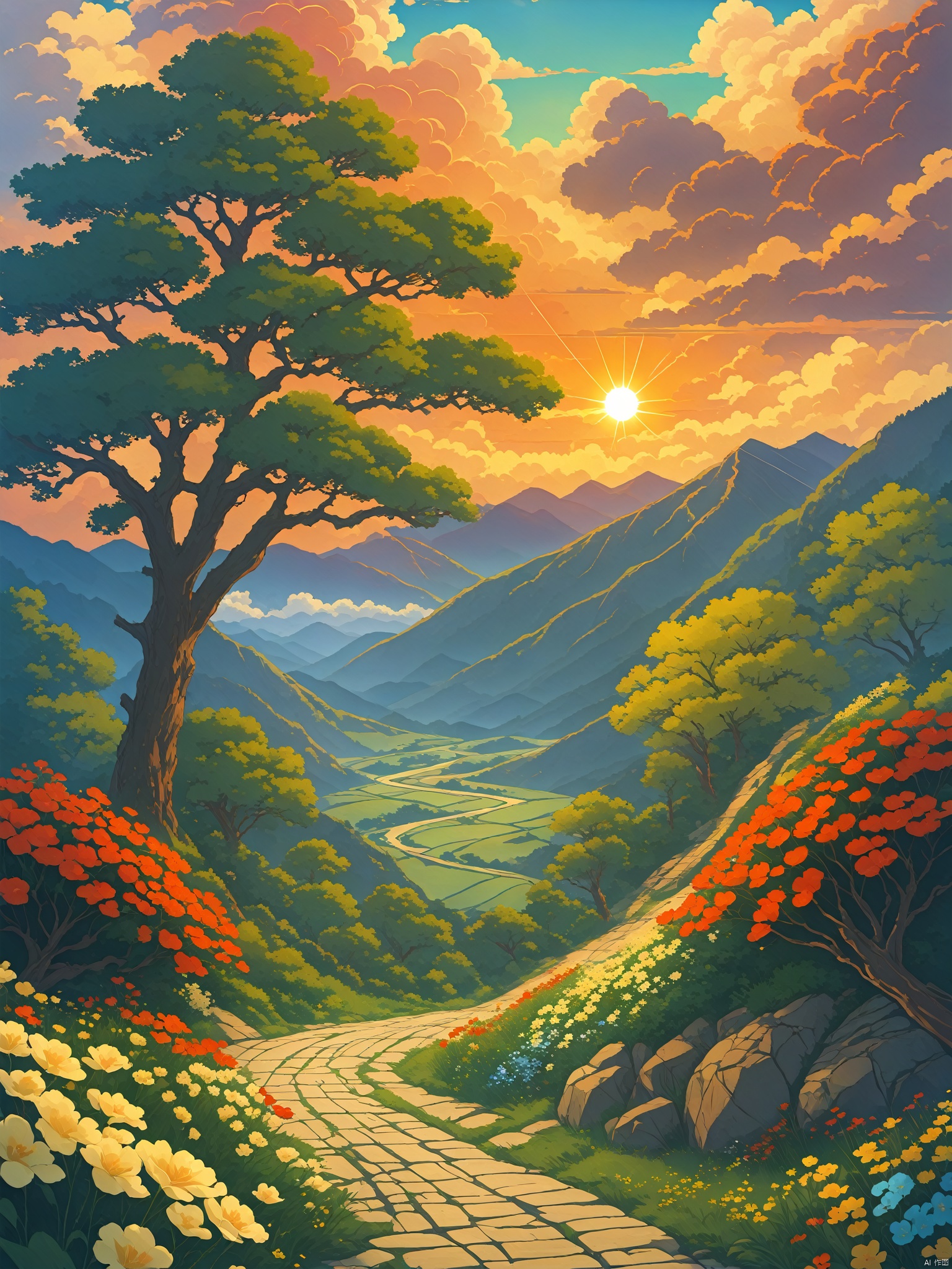 flower, outdoors, sky, cloud, tree, no humans, grass, nature, scenery, sunset, mountain, sun, road, field, landscape
