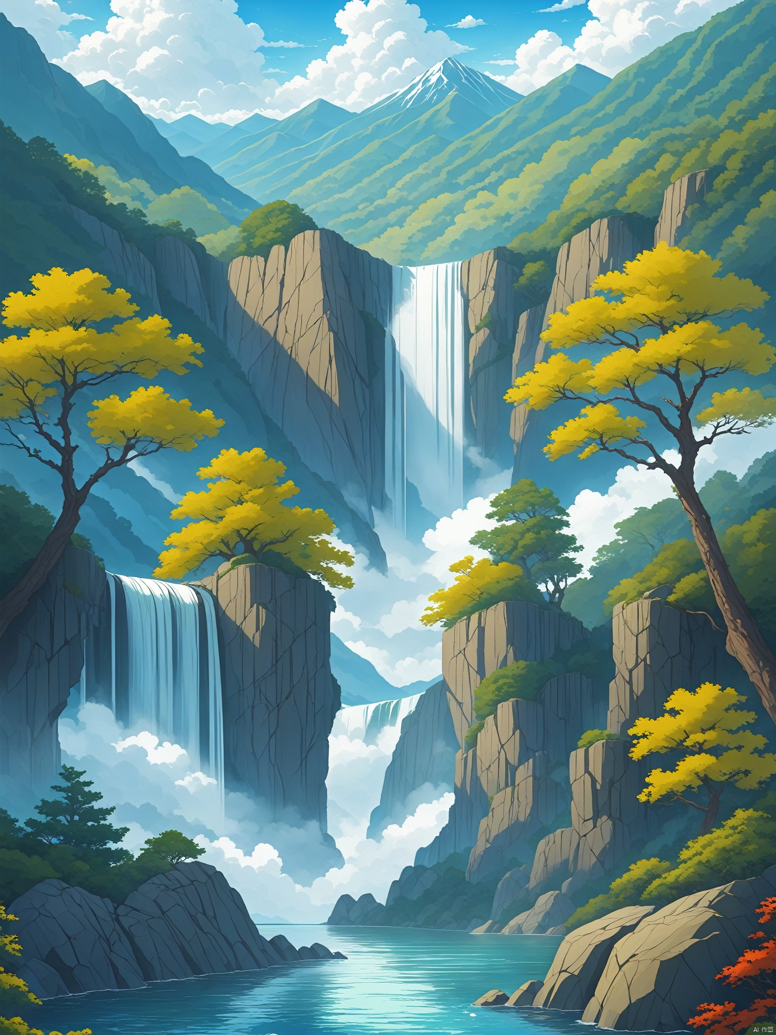 outdoors, sky, day, cloud, water, tree, blue sky, no humans, scenery, mountain, waterfall