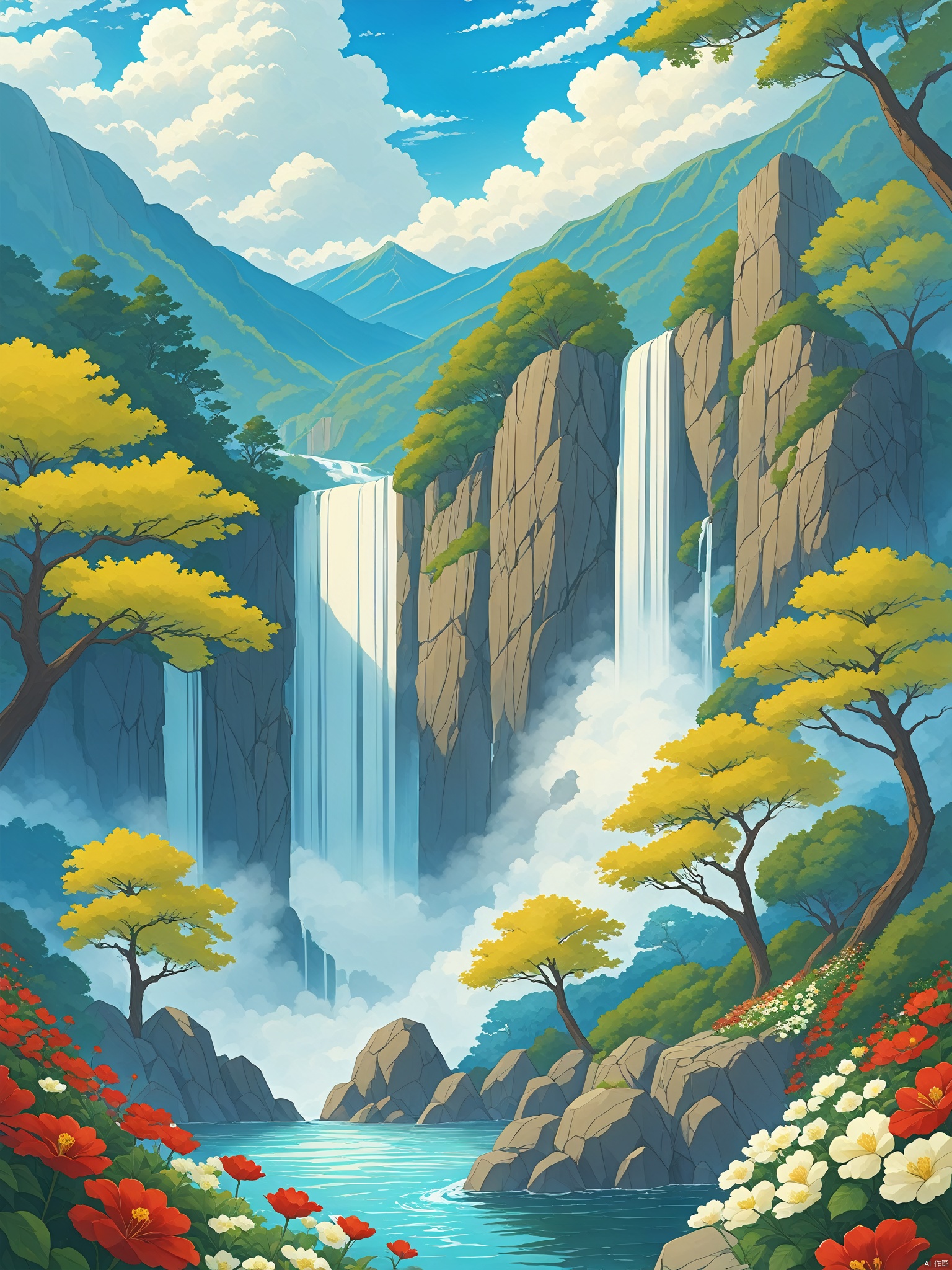 flower, outdoors, sky, day, cloud, water, tree, blue sky, no humans, red flower, nature, scenery, mountain, waterfall