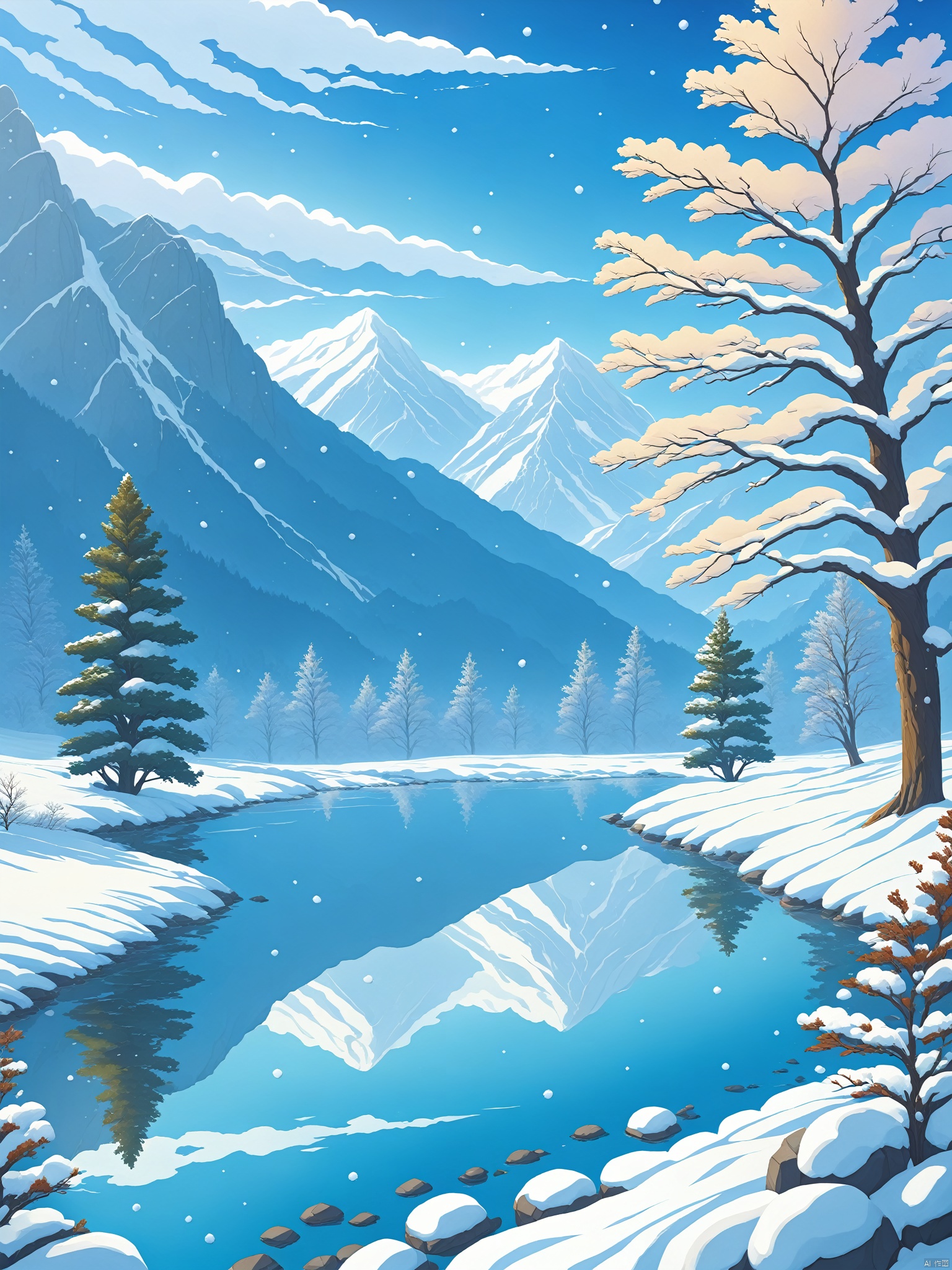 outdoors, sky, day, tree, blue sky, no humans, scenery, snow, reflection, mountain, winter