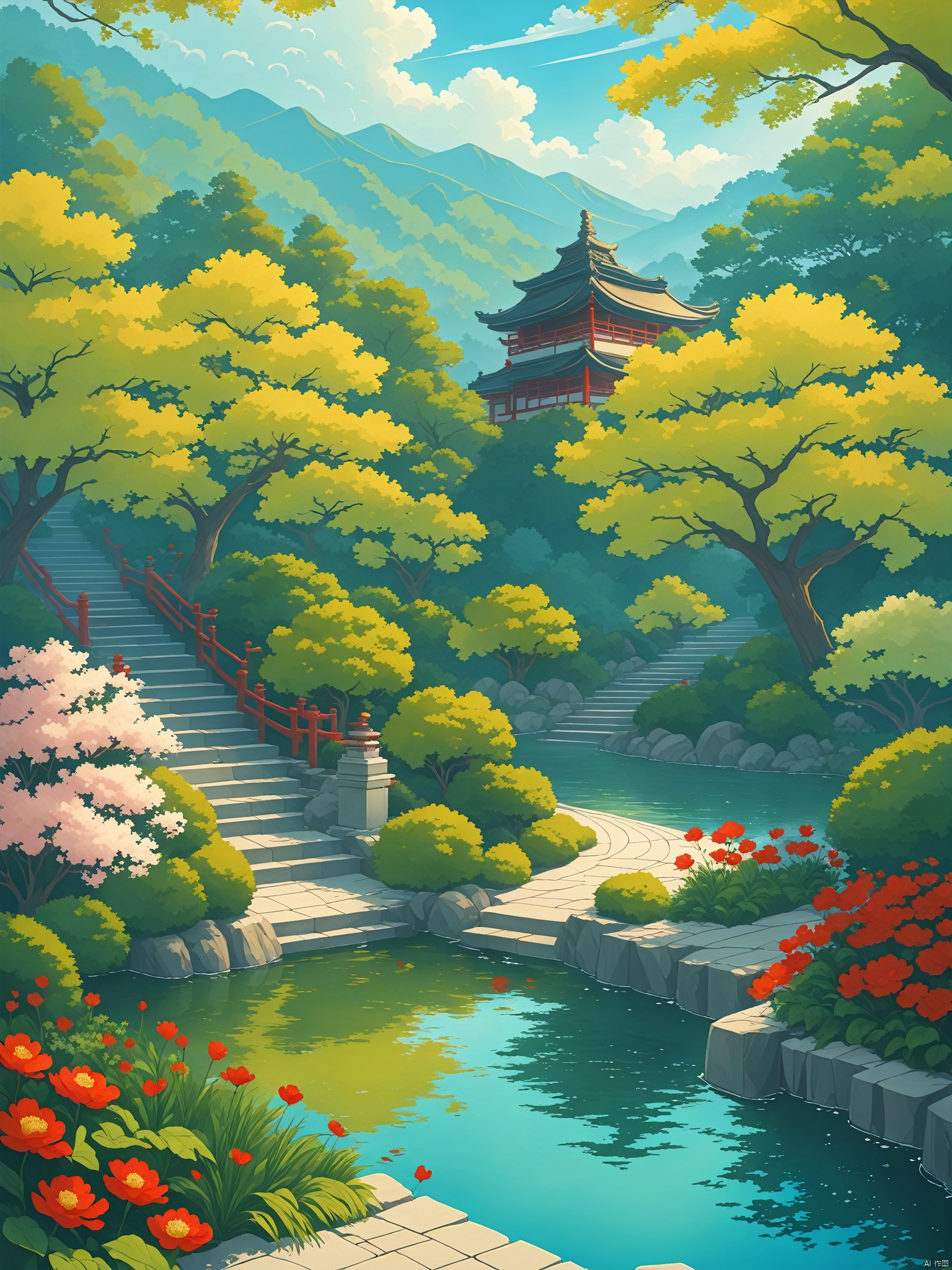  flower, outdoors, sky, day, water, tree, no humans, sunlight, grass, red flower, building, nature, scenery, stairs, bush, architecture, east asian architecture, pond,16k