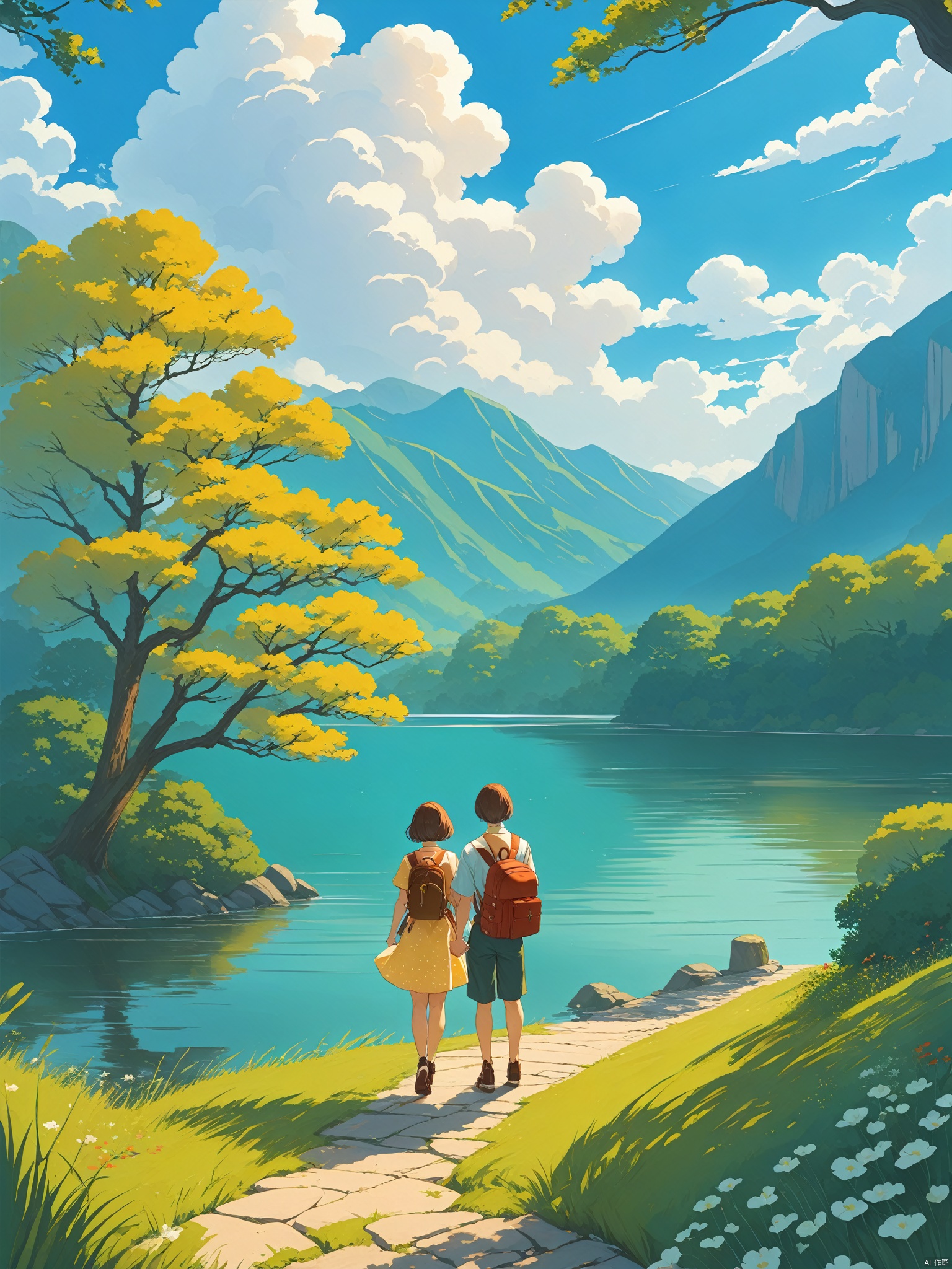 1girl, short hair, brown hair, 1boy, dress, standing, outdoors, sky, shoes, day, cloud, water, bag, from behind, tree, holding hands, backpack, grass, nature, scenery, mountain, facing away, lake