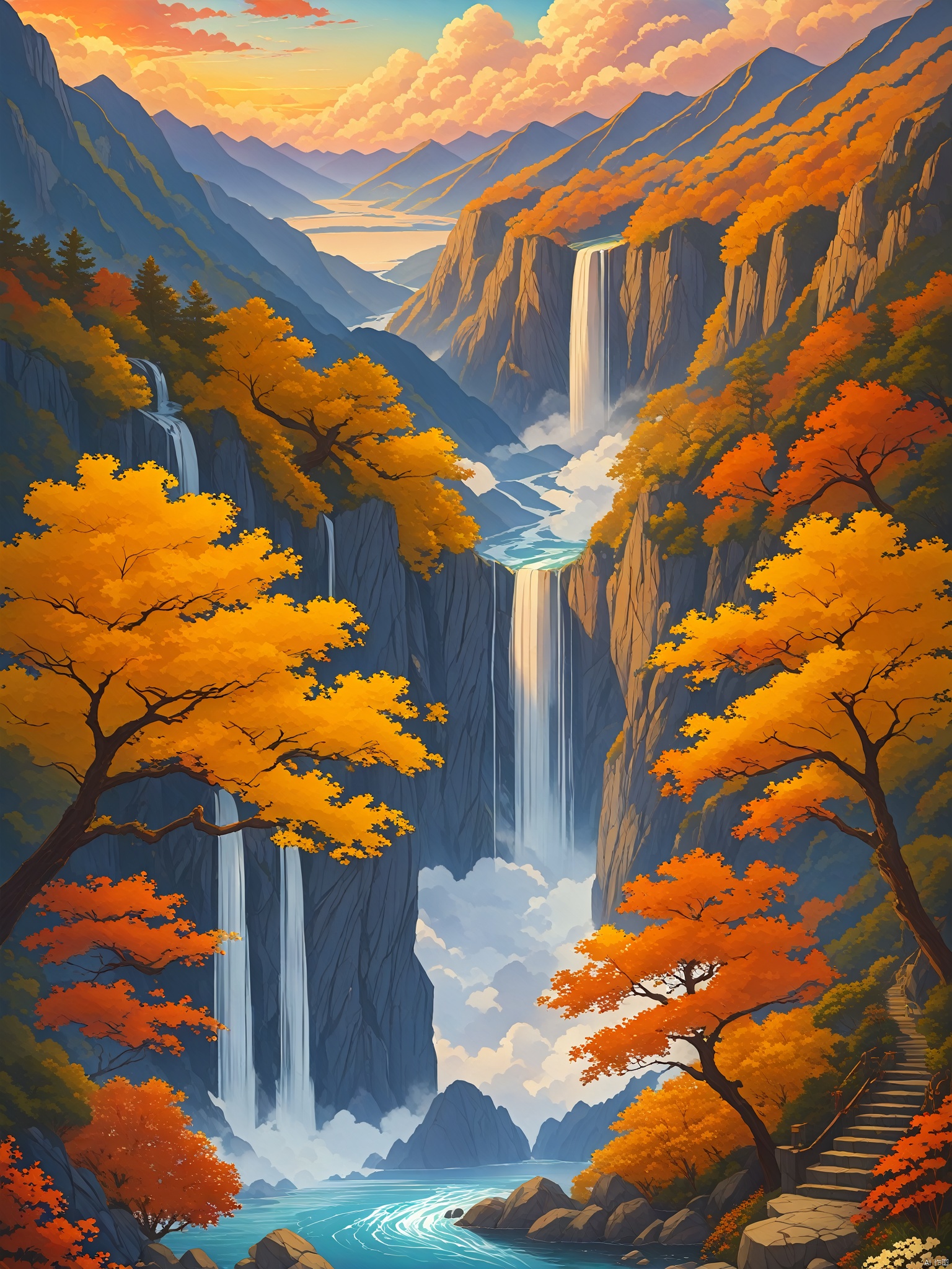 outdoors, sky, day, cloud, water, tree, blue sky, petals, no humans, nature, scenery, sunset, mountain, river, autumn, waterfall, landscape