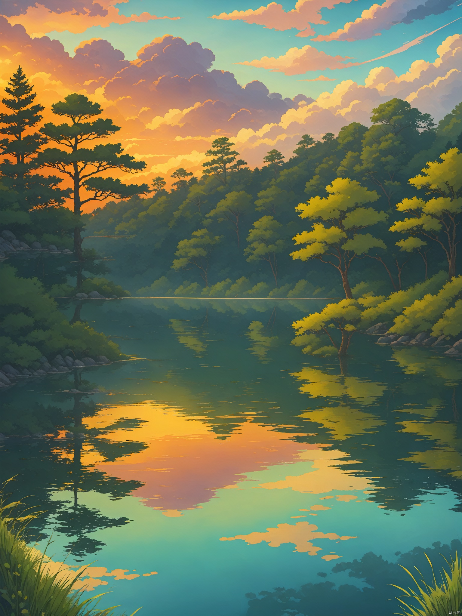 outdoors, sky, cloud, water, tree, no humans, cloudy sky, grass, nature, scenery, forest, reflection, sunset