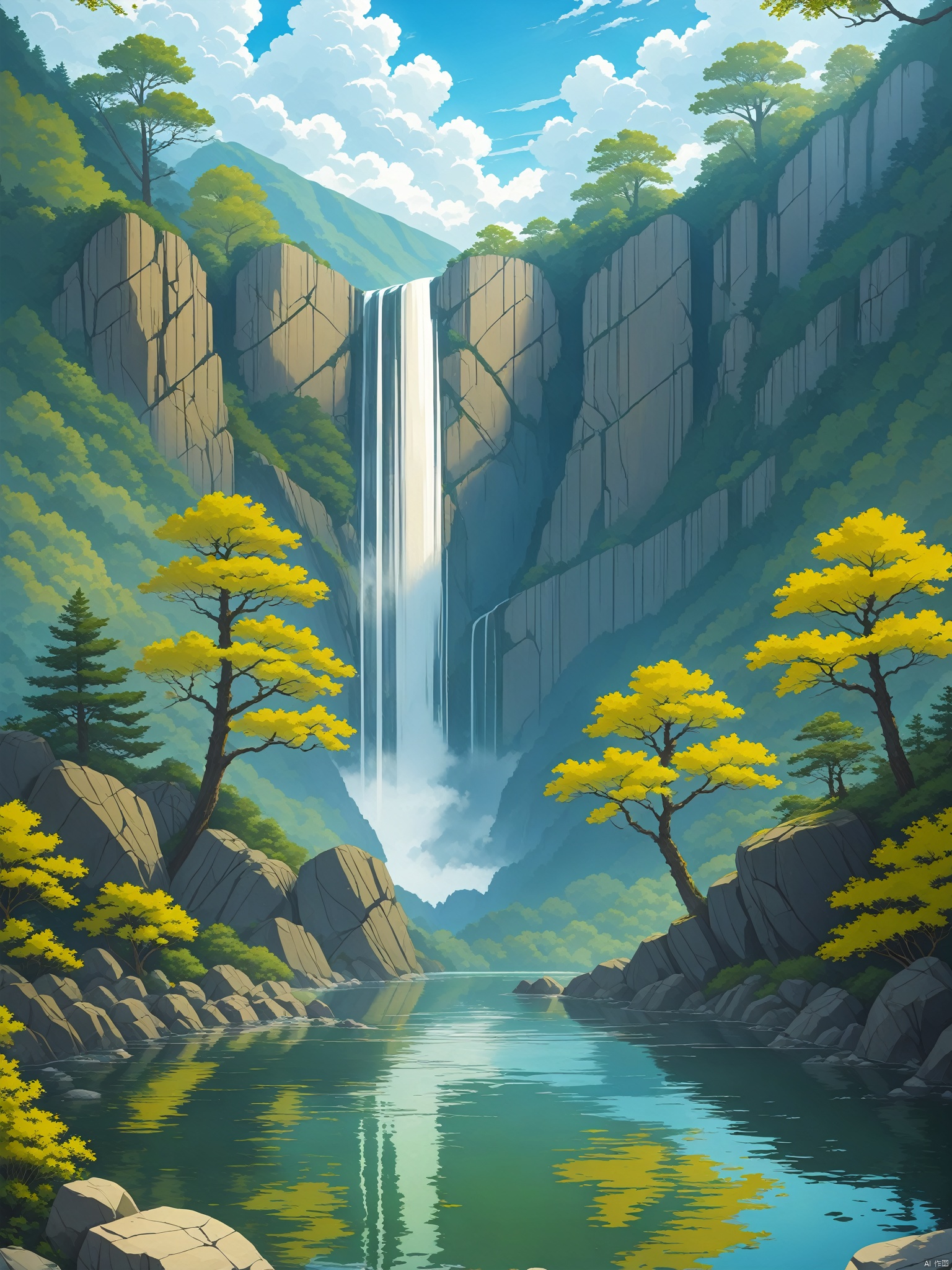 outdoors, sky, day, cloud, water, tree, blue sky, no humans, nature, scenery, forest, reflection, rock, mountain, river, waterfall, landscape