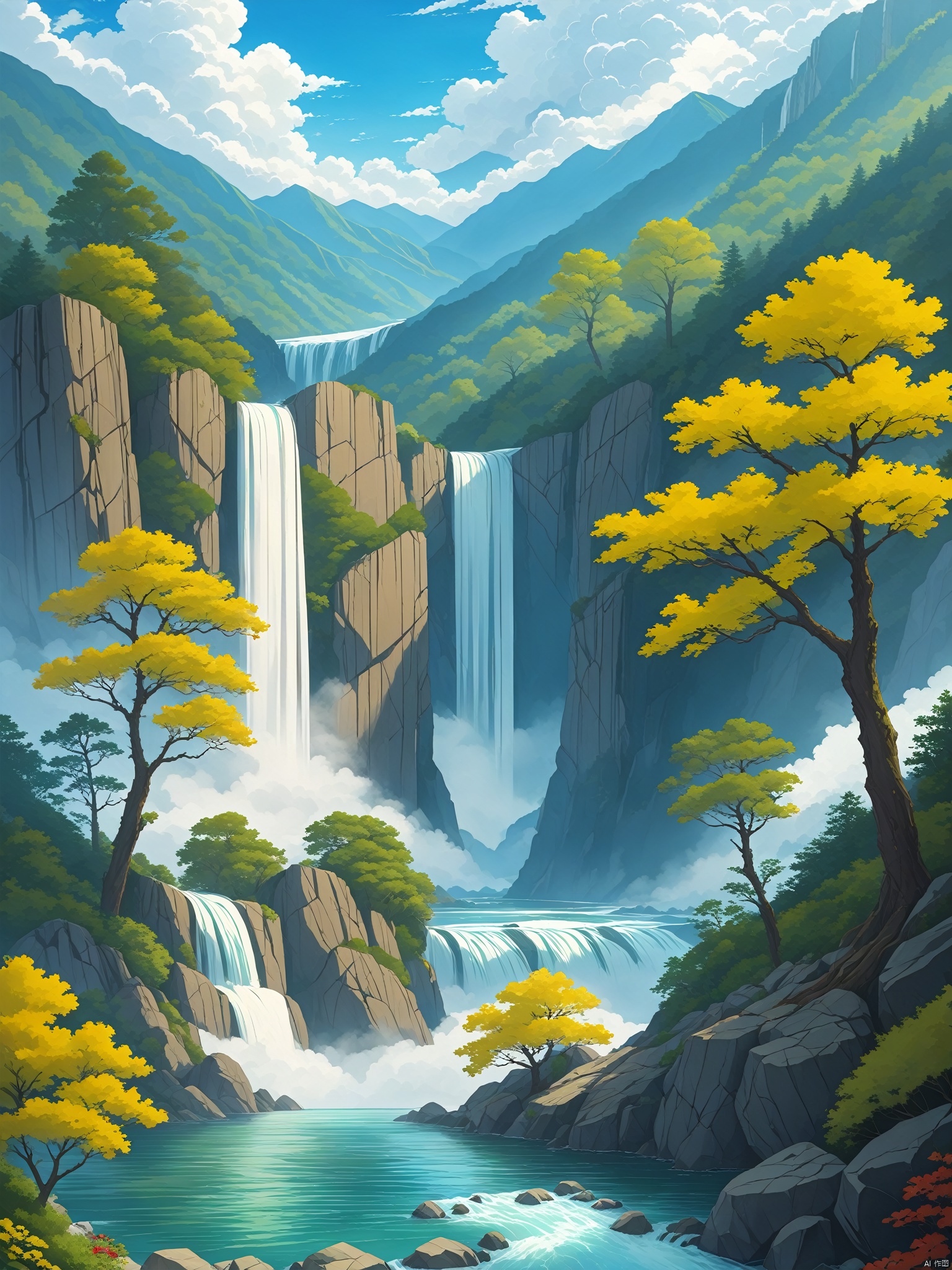 outdoors, sky, day, cloud, water, tree, blue sky, no humans, nature, scenery, mountain, river, waterfall