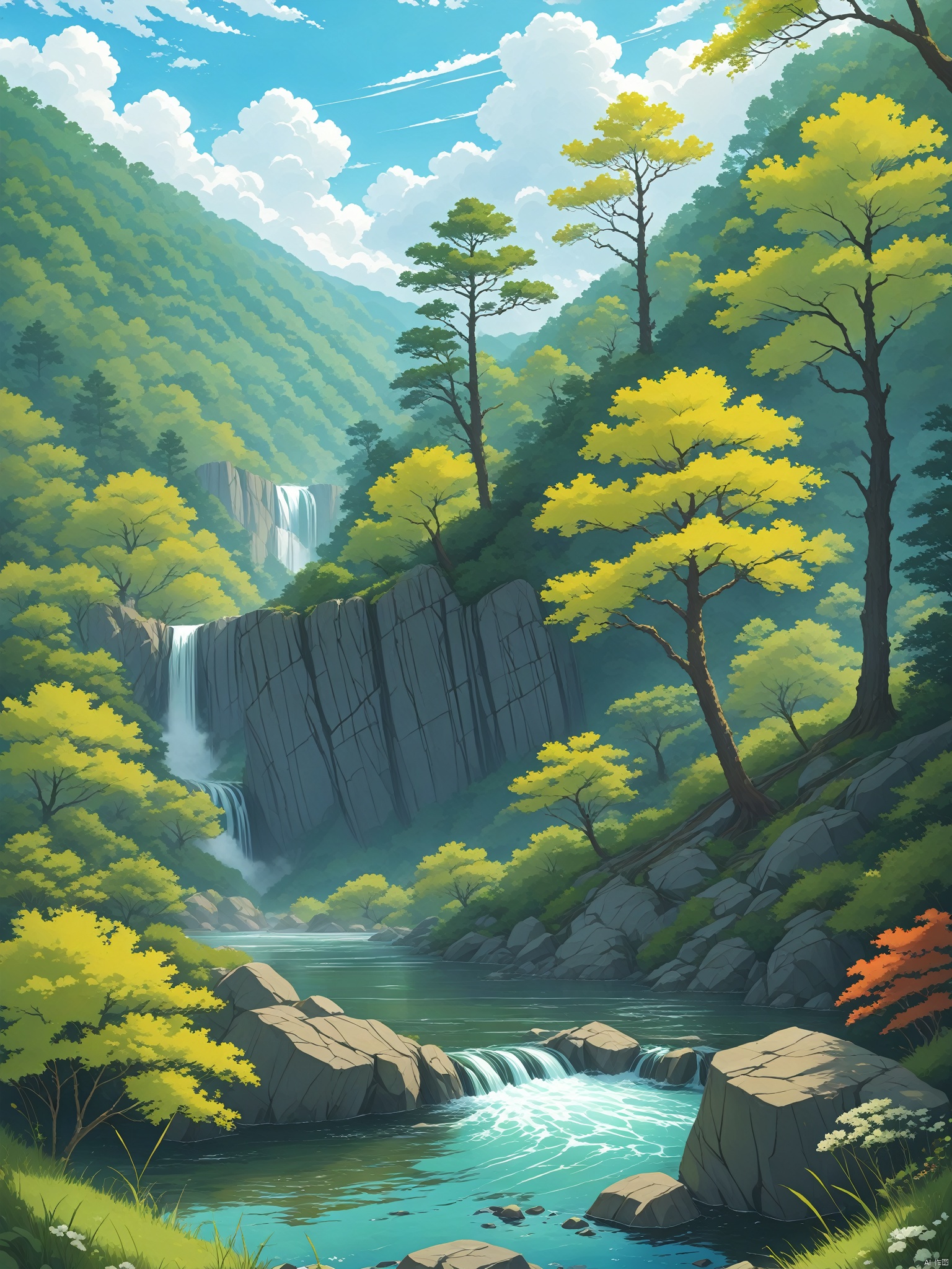 outdoors, sky, day, water, tree, blue sky, no humans, grass, nature, scenery, forest, rock, river