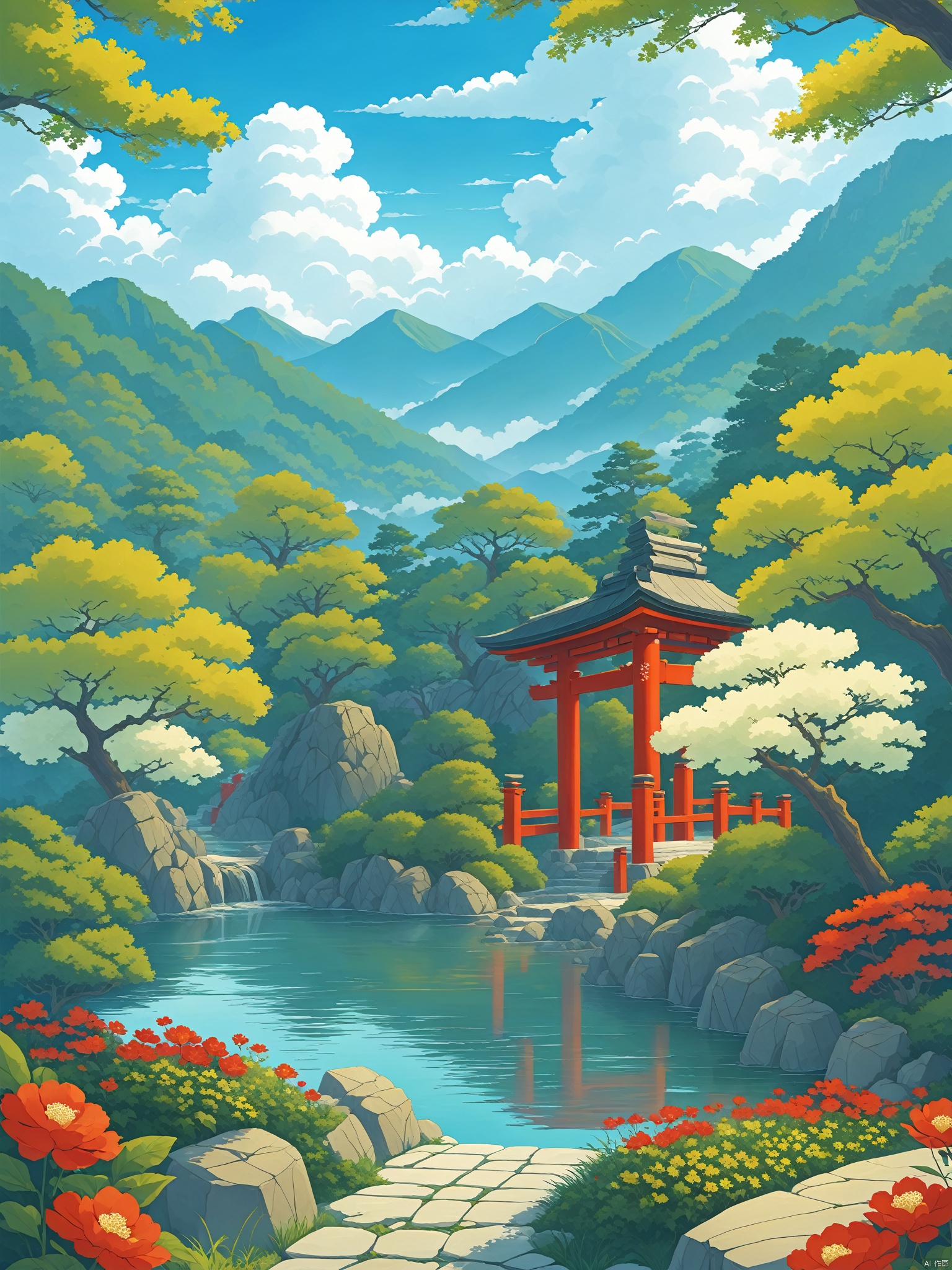 flower, outdoors, sky, day, cloud, water, tree, blue sky, no humans, grass, red flower, nature, scenery, rock, mountain, bush, torii, architecture, east asian architecture
