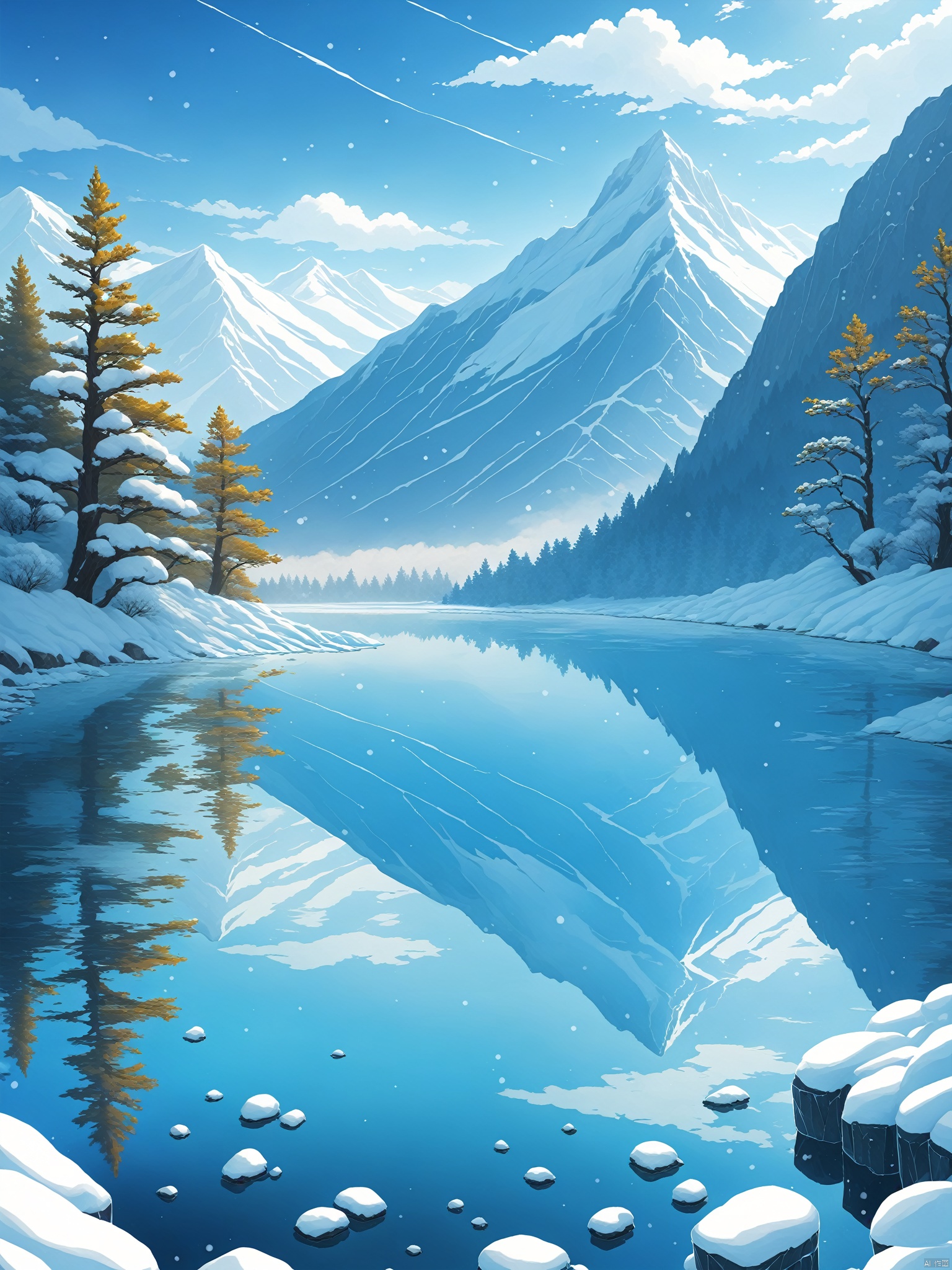 outdoors, sky, day, blue sky, no humans, scenery, snow, reflection, ice, mountain, motion blur, lake, frozen