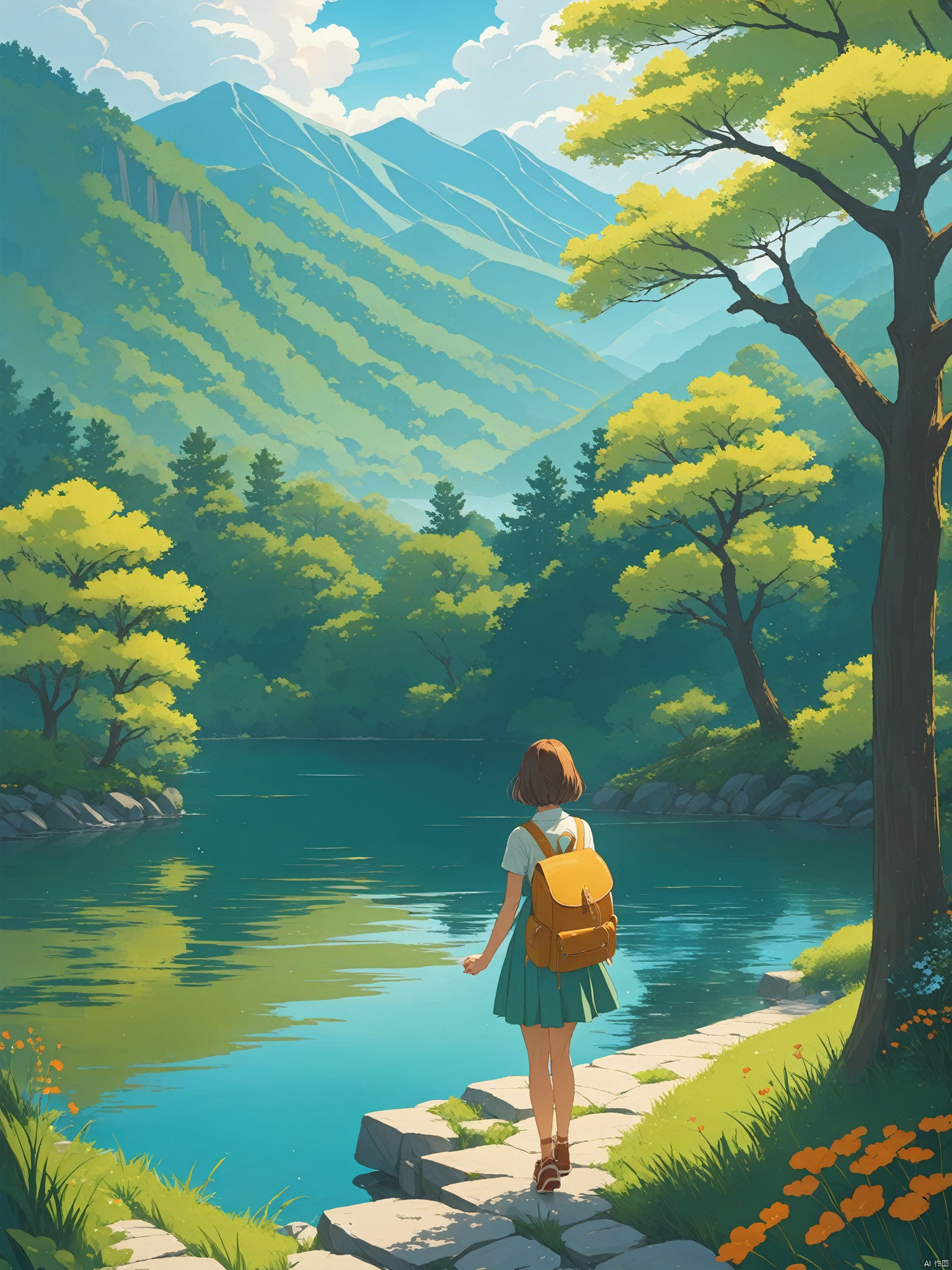 1girl, short hair, brown hair, 1boy, dress, standing, outdoors, sky, shoes, day, cloud, water, bag, from behind, tree, holding hands, backpack, grass, nature, scenery, mountain, facing away, lake
