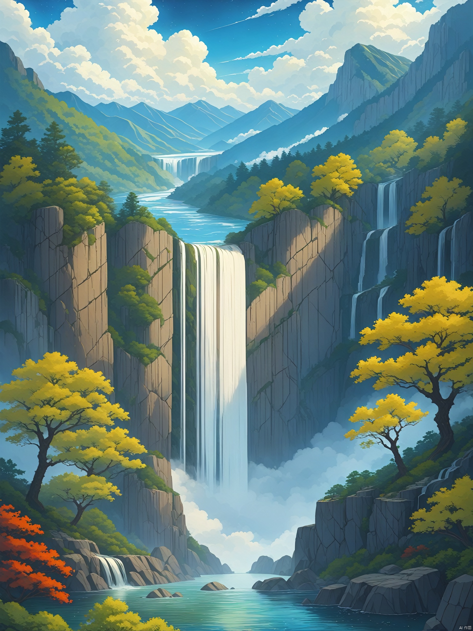 outdoors, sky, day, cloud, water, tree, blue sky, no humans, star \(sky\), nature, scenery, mountain, bridge, waterfall