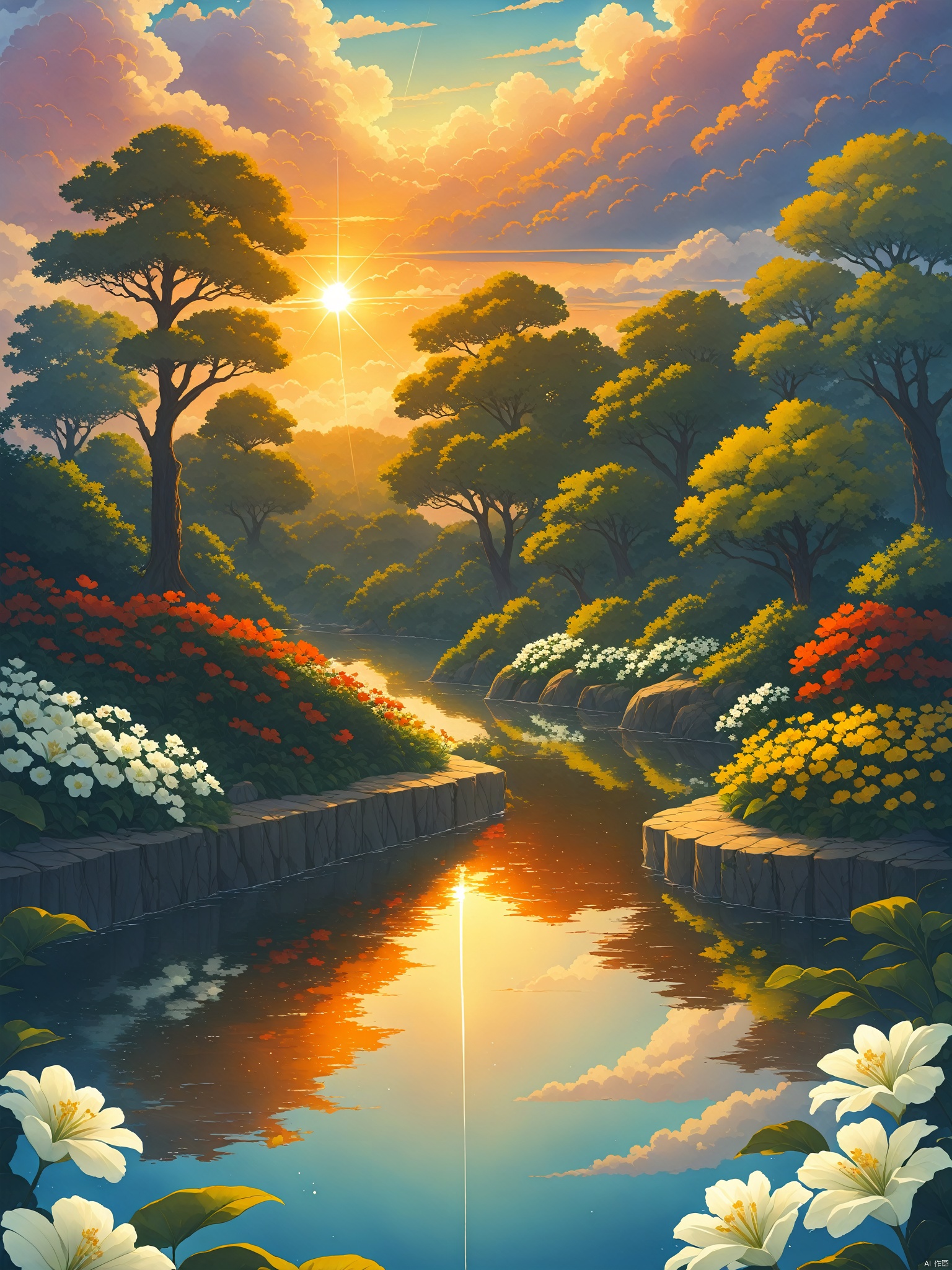 flower, outdoors, sky, cloud, water, tree, no humans, sunlight, cloudy sky, plant, white flower, nature, scenery, reflection, sunset, sun