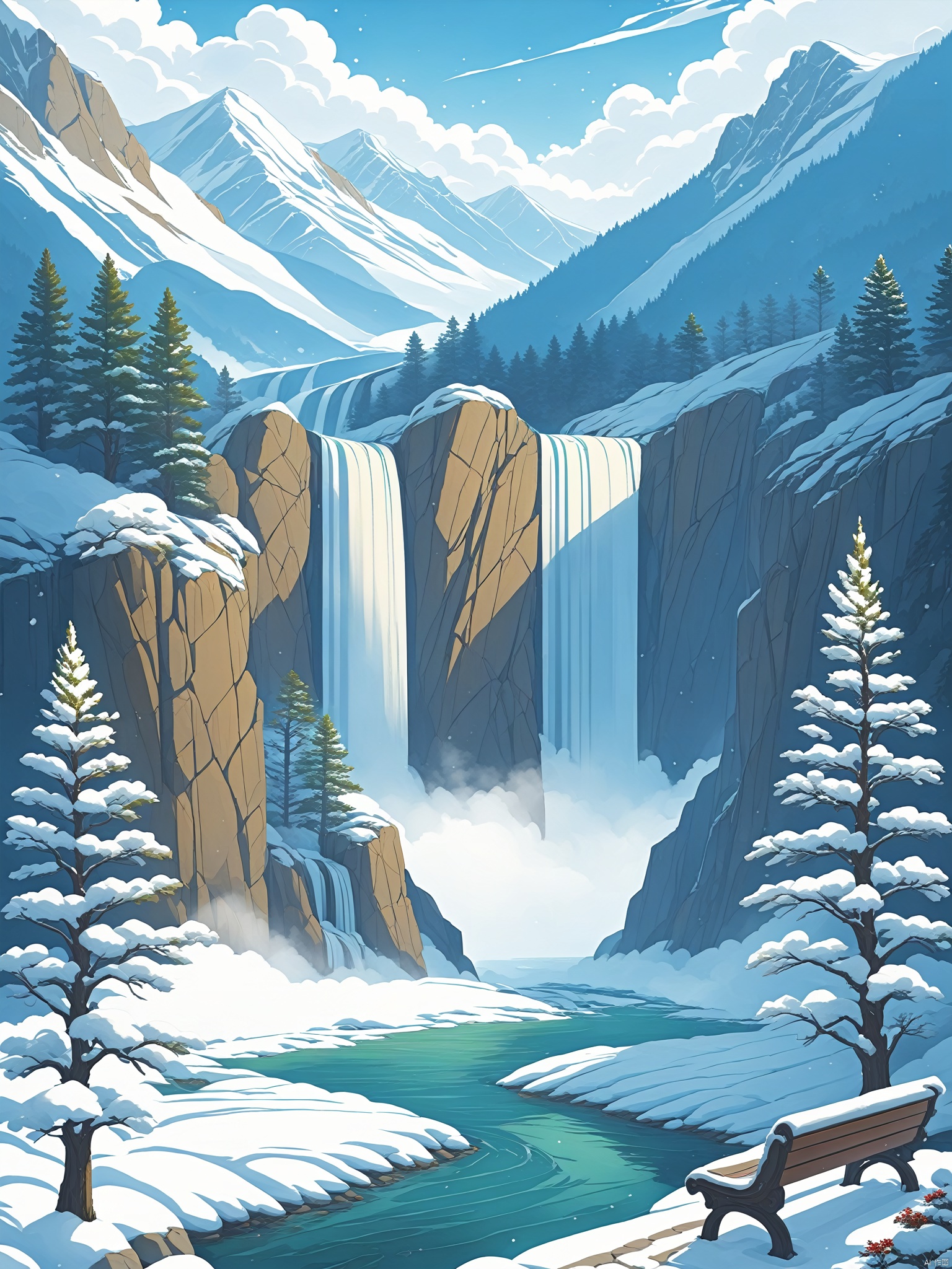 outdoors, sky, day, cloud, water, tree, no humans, nature, scenery, snow, forest, mountain, bench, waterfall, pine tree