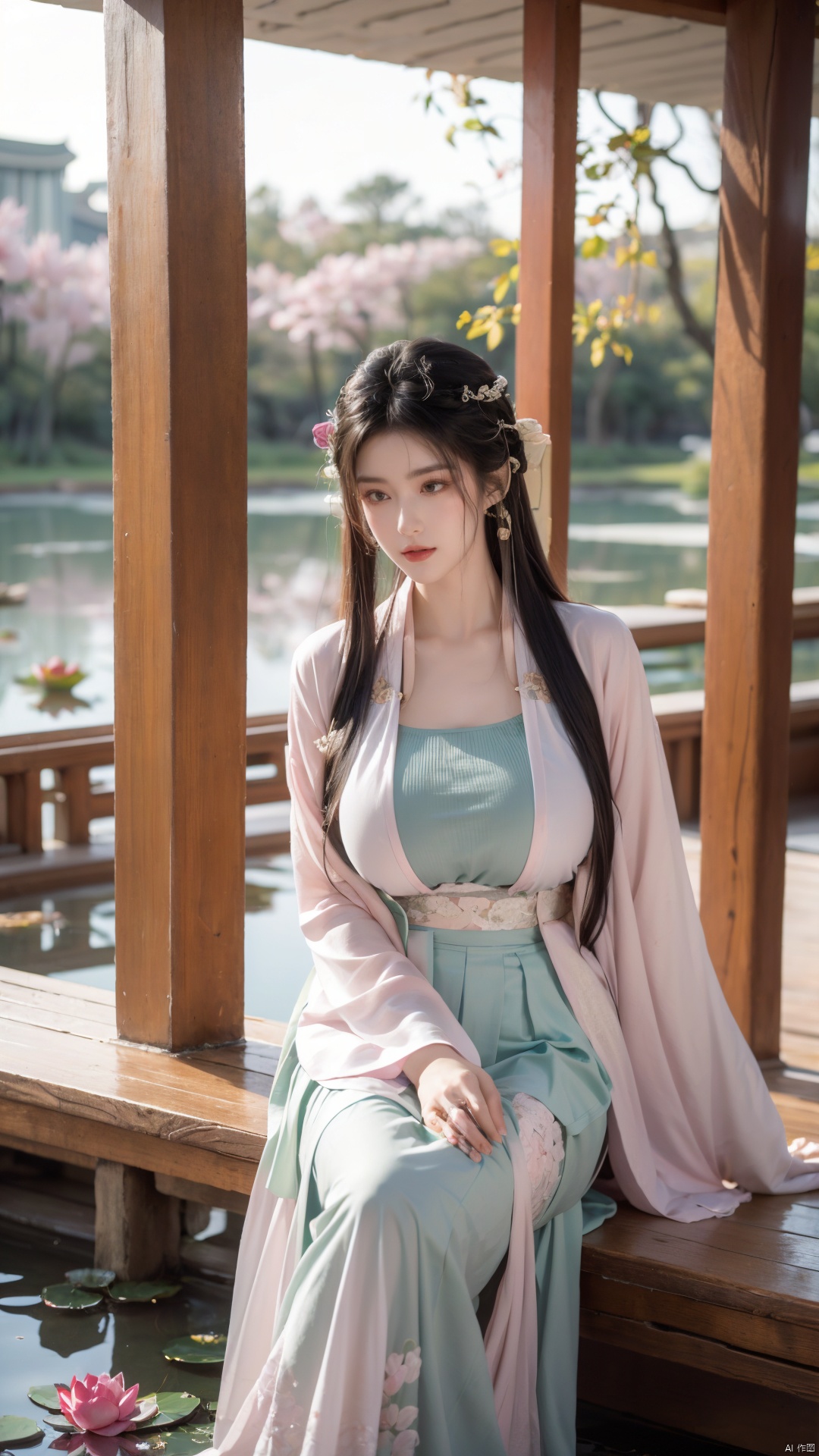  (1girl:1.1), (Lace pink-green skirt:1.39), on Stomach,aqua_earrings,Lights, lanterns, chang,(big breasts:1.56),hanfu, Best quality, Realistic, photorealistic, masterpiece, extremely detailed CG unity 8k wallpaper, best illumination, best shadow, huge filesize ,(huge breasts:1.59) incredibly absurdres, absurdres, looking at viewer, transparent, smog, gauze, vase, petals, room, ancient Chinese style, detailed background, wide shot background,
(((black hair))),(Sitting on the lotus pond porch:1.49) ,(A pond full of pink lotus flowers:1.5),close up of 1girl,Hairpins,hair ornament,hair wings,slim,narrow waist,perfect eyes,beautiful perfect face,pleasant smile,perfect female figure,detailed skin,charming,alluring,seductive,erotic,enchanting,delicate pattern,detailed complex and rich exquisite clothing detail,delicate intricate fabrics,
Morning Serenade In the gentle morning glow, (a woman in a pink lotus-patterned Hanfu stands in an indoor courtyard:1.36),(Chinese traditional dragon and phoenix embroidered Hanfu:1.3), admiring the tranquil garden scenery. The lotus-patterned Hanfu, embellished with silver-thread embroidery, is softly illuminated by the morning light. The light mint green Hanfu imparts a sense of calm and freshness, adorned with delicate lotus patterns, with a blurred background to enhance the peaceful atmosphere, song_hanfu