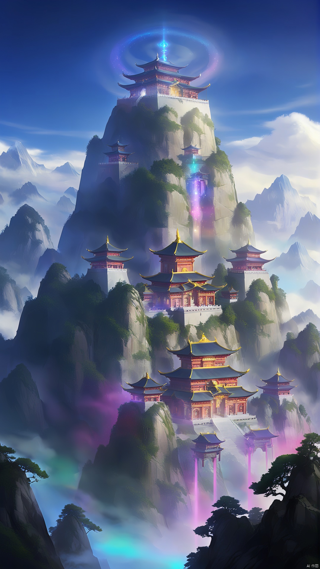 (Hovering Mountain)At the waist of the Immortal Mountain, there was a magnificent sect building, they consisted of an ancient palace, pavilion, and pavilion with carved beams and golden splendour. The clan's buildings emitted a mysterious light that seemed to have been condensed from spirit stones, glittering with colourful light