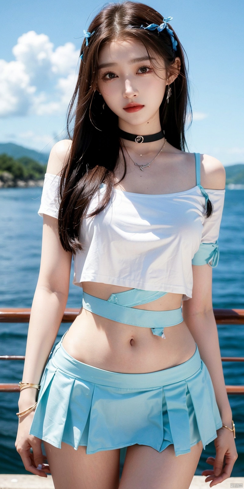  cowboy_shot,(Good structure), DSLR Quality,Short skirt,Blue sky, white clouds, ocean, nai3, 1girl, solo, crop top, , choker, navel, shirt, midriff, crop top overhang, looking at viewer, white shirt, jewelry, breasts, bare shoulders, off-shoulder shirt, off shoulder, black choker, thighs, stomach, long hair, bracelet, short sleeves, ribbon, hand up, collarbone, hair ribbon, medium breasts, , bra strap, , hair ornament, thigh gap, necklace, expressionless, , ,kind smile, , , guanxiaotong
