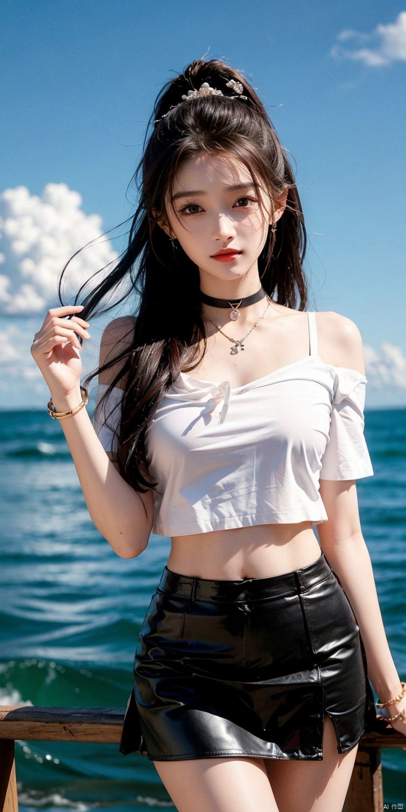  cowboy_shot,(Good structure), DSLR Quality,Short skirt,Blue sky, white clouds, ocean, nai3, 1girl, solo, crop top, , choker, navel, shirt, midriff, crop top overhang, looking at viewer, white shirt, jewelry, breasts, bare shoulders, off-shoulder shirt, off shoulder, black choker, thighs, stomach, long hair, bracelet, short sleeves, ribbon, hand up, collarbone, hair ribbon, medium breasts, , bra strap, , hair ornament, thigh gap, necklace, expressionless, , ,kind smile, , , guanxiaotong