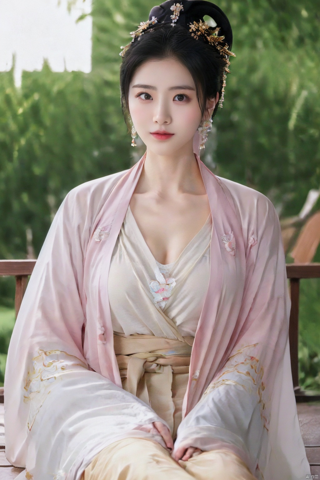 (global illumination, reality,ray tracing, HDR, unreal rendering, reasonable design, high detail, masterpiece,best quality, ultra high definition, movie lighting),
1girl,outdoor,looking_at_viewer,side_blunt_bangs,big breasts,pose,solo,1girl,black hair,black eyes, , ,xieshi, hanfu