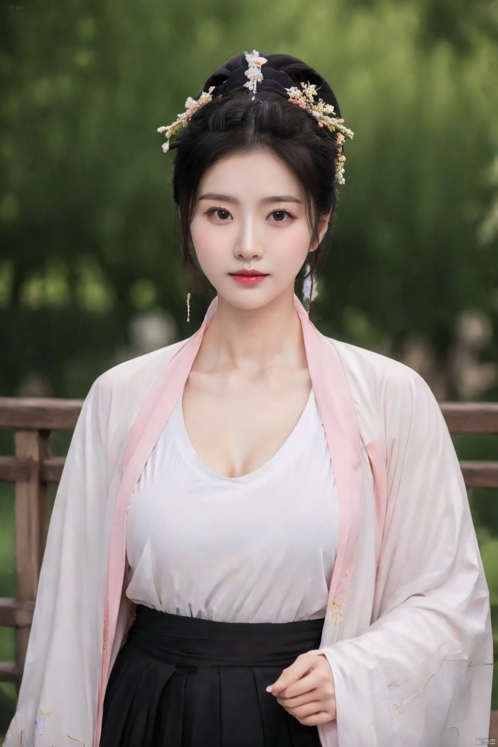 (global illumination, reality,ray tracing, HDR, unreal rendering, reasonable design, high detail, masterpiece,best quality, ultra high definition, movie lighting),
1girl,outdoor,looking_at_viewer,side_blunt_bangs,big breasts,pose,solo,1girl,black hair,black eyes, , ,xieshi, hanfu