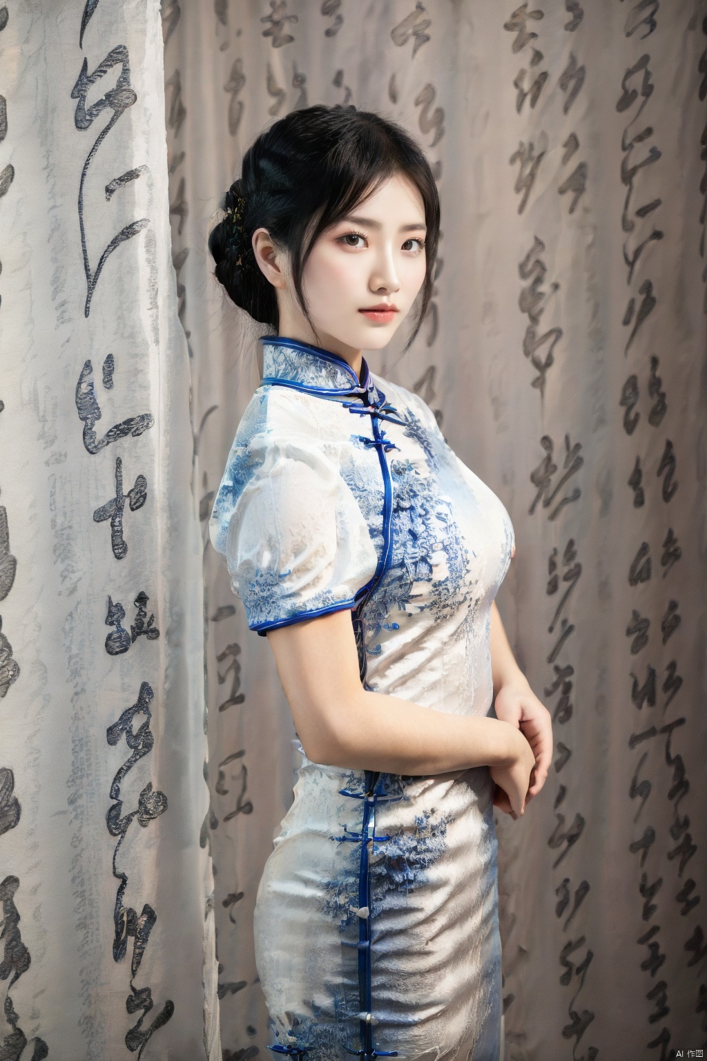 (global illumination, reality,ray tracing, HDR, unreal rendering, reasonable design, high detail, masterpiece,best quality, ultra high definition, movie lighting),
1girl,outdoor,looking_at_viewer,side_blunt_bangs,china_dress,chinese_style,big breasts,pose,solo,1girl,black hair,black eyes, , xieshi, cheongsam