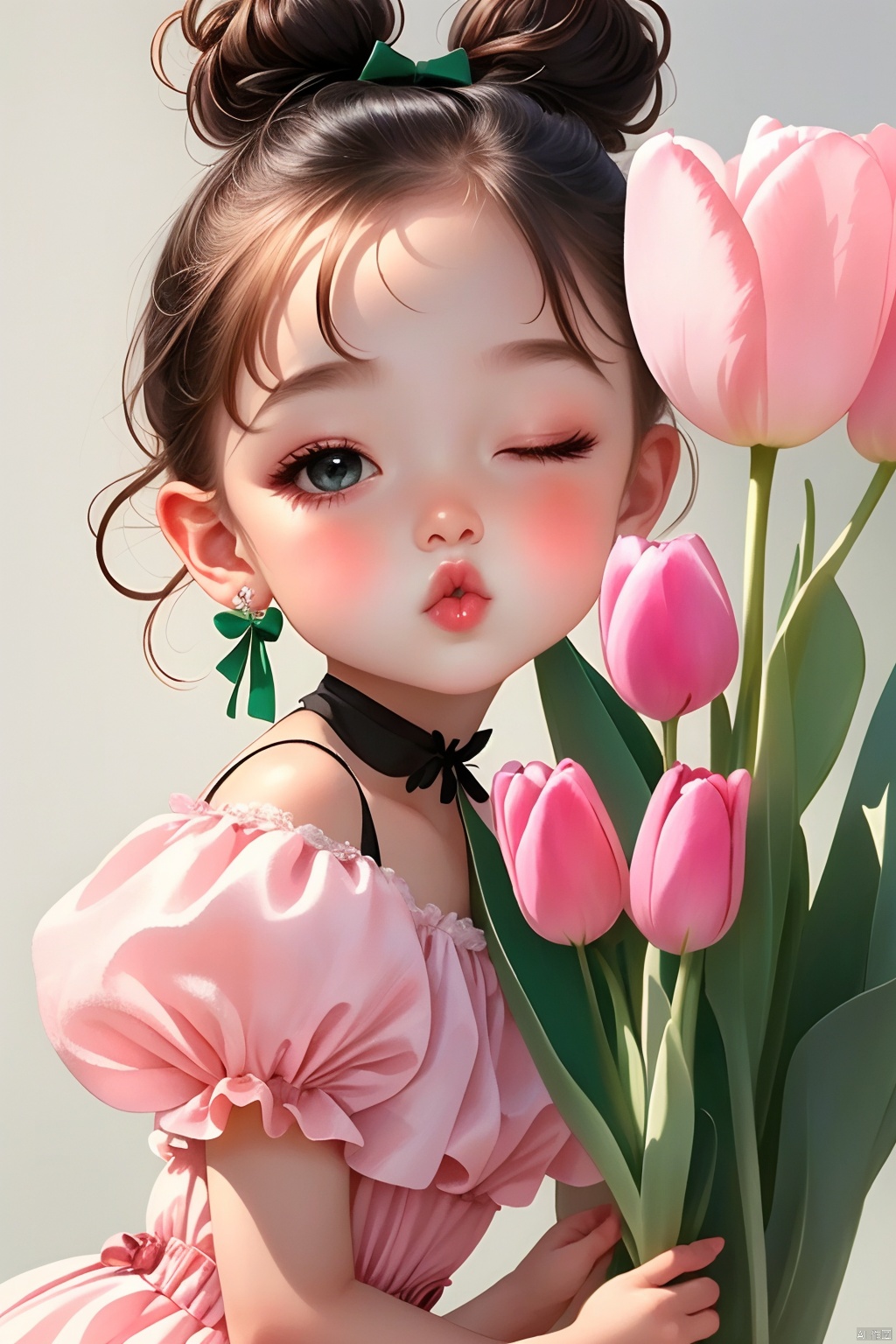 1girl, solo, looking at viewer, blush, short hair, bangs, brown hair, black hair, dress, bow, holding, jewelry, upper body, flower, short sleeves, hair bow, earrings, parted lips, one eye closed, choker, puffy sleeves, hair bun, black eyes, puffy short sleeves, lips, double bun, child, pink flower, green bow, green dress, holding flower, female child, puckered lips, flower earrings, tulip