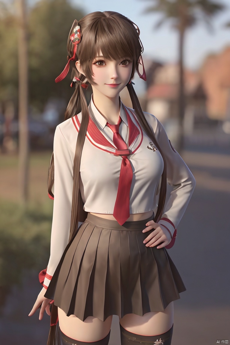1girl, solo, long hair, breasts, looking at viewer, blush, smile, bangs, skirt, shirt,brown hair,  hair ornament, thighhighs, long sleeves, ribbon, twintails, brown eyes, very long hair, school uniform, standing, collarbone, hair ribbon, white shirt, sidelocks, cowboy shot, pleated skirt, outdoors, necktie,black thighhighs, white skirt, hand on hip, depth of field, blurry background, black necktie, shirt tucked in