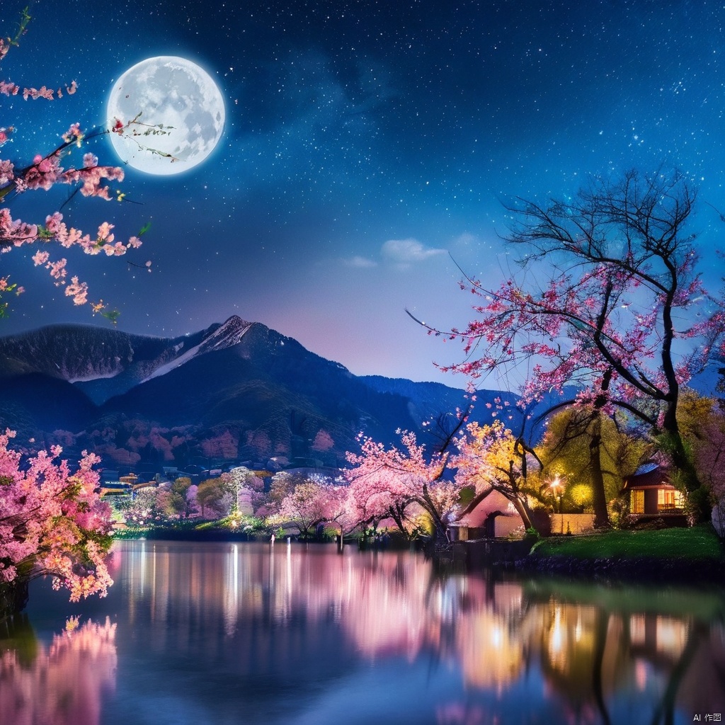 outdoors, sky, cloud, water, tree, no humans, night, moon, cherry blossoms, star \(sky\), nature, night sky, scenery, full moon, forest, reflection, mountain, landscape, lake