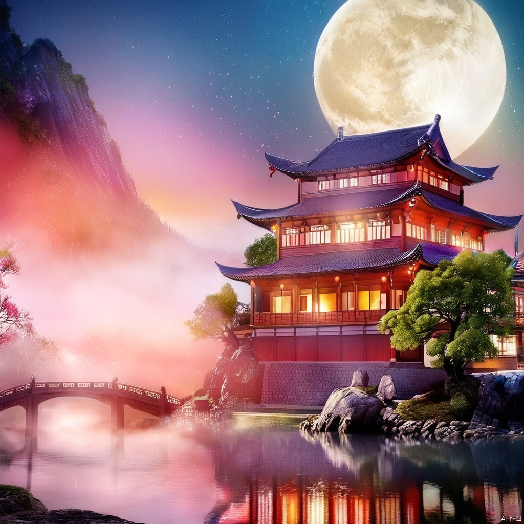 outdoors, sky, cloud, water, tree, no humans, moon, scenery, rock, mountain, architecture, east asian architecture, fog, red sky