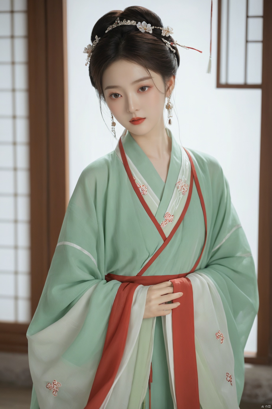  (masterpiece, top quality, best quality, official art, beautiful and aesthetic:1.2),gf-hd, 1girl, solo, hair ornament, jewelry,hanfu dress, red dress, earrings, chinese clothes, brown hair, ribbon, hanfu, red ribbon, shawl, song_hanfu,(big breasts:1.89), ,(full breasts:1.89),monkren, tang_hanfu, weijin_hanfu