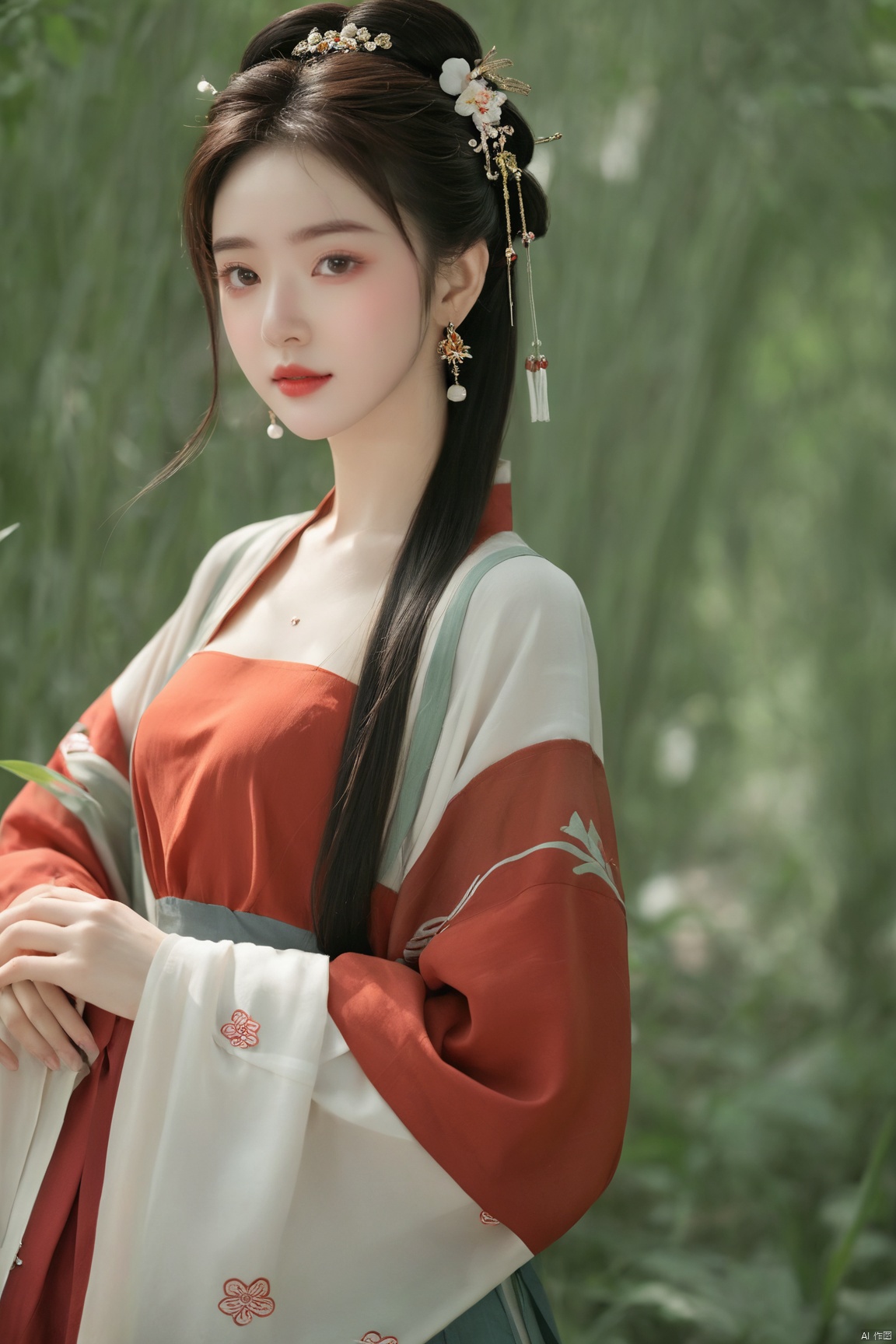  (masterpiece, top quality, best quality, official art, beautiful and aesthetic:1.2),gf-hd, 1girl, solo, hair ornament, jewelry,hanfu dress, red dress, earrings, chinese clothes, brown hair, ribbon, hanfu, red ribbon, shawl, song_hanfu,(big breasts:1.89), ,(full breasts:1.89),monkren, tang_hanfu, weijin_hanfu