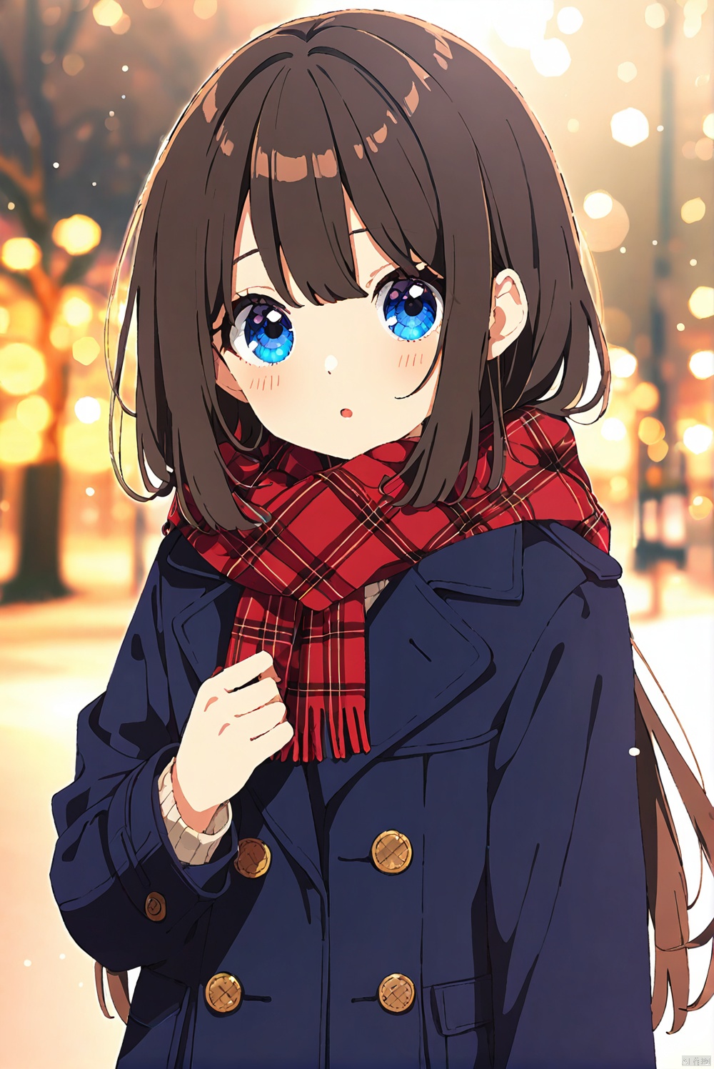 Artist mamy6o6,best a,1girl, loli, solo, long hair, looking at viewer, blush, blue eyes, brown hair, black hair, flower, scarf, coat, plaid, red scarf, plaid scarf

